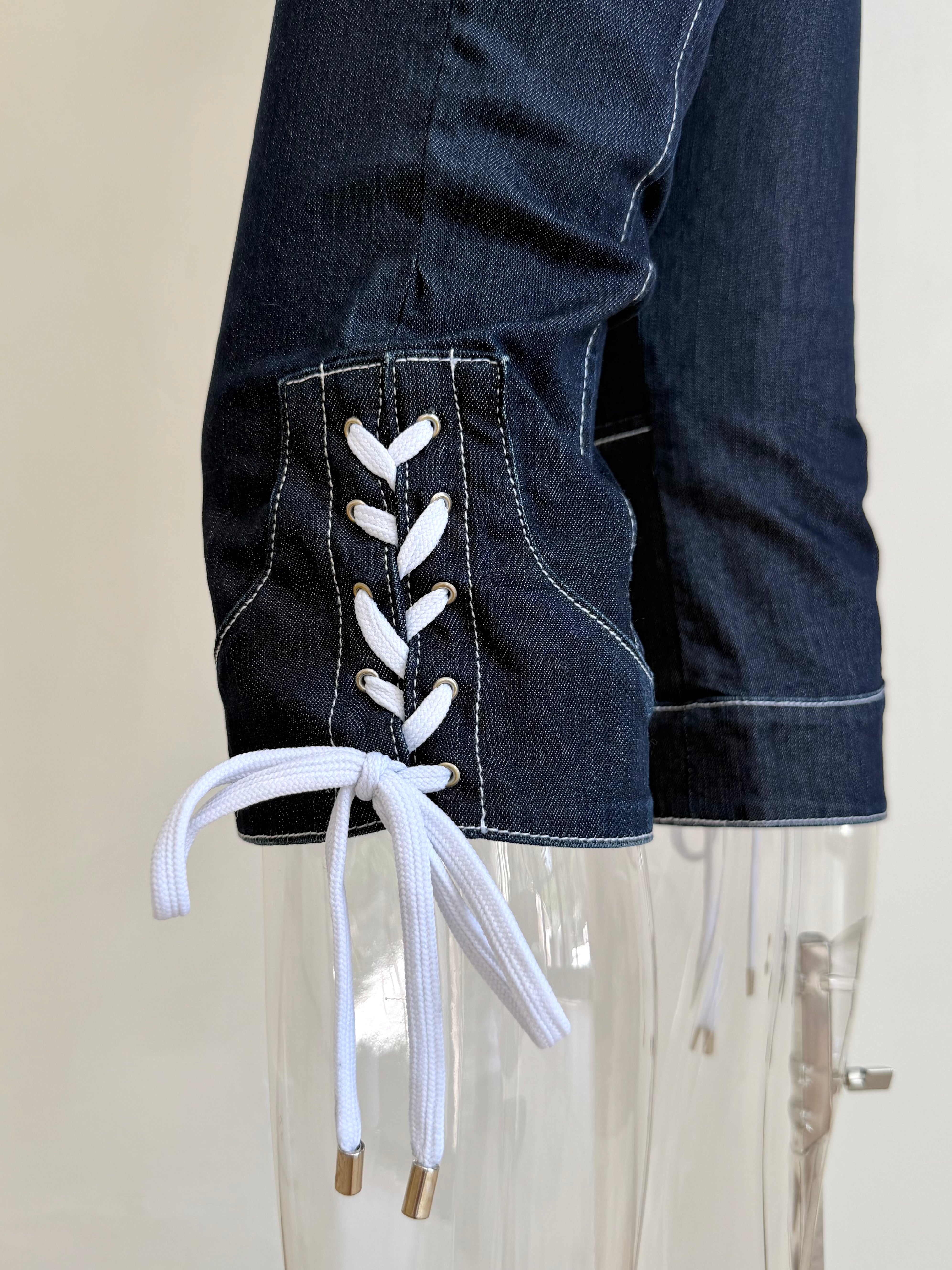 Dark Denim + White Lace Up Pants