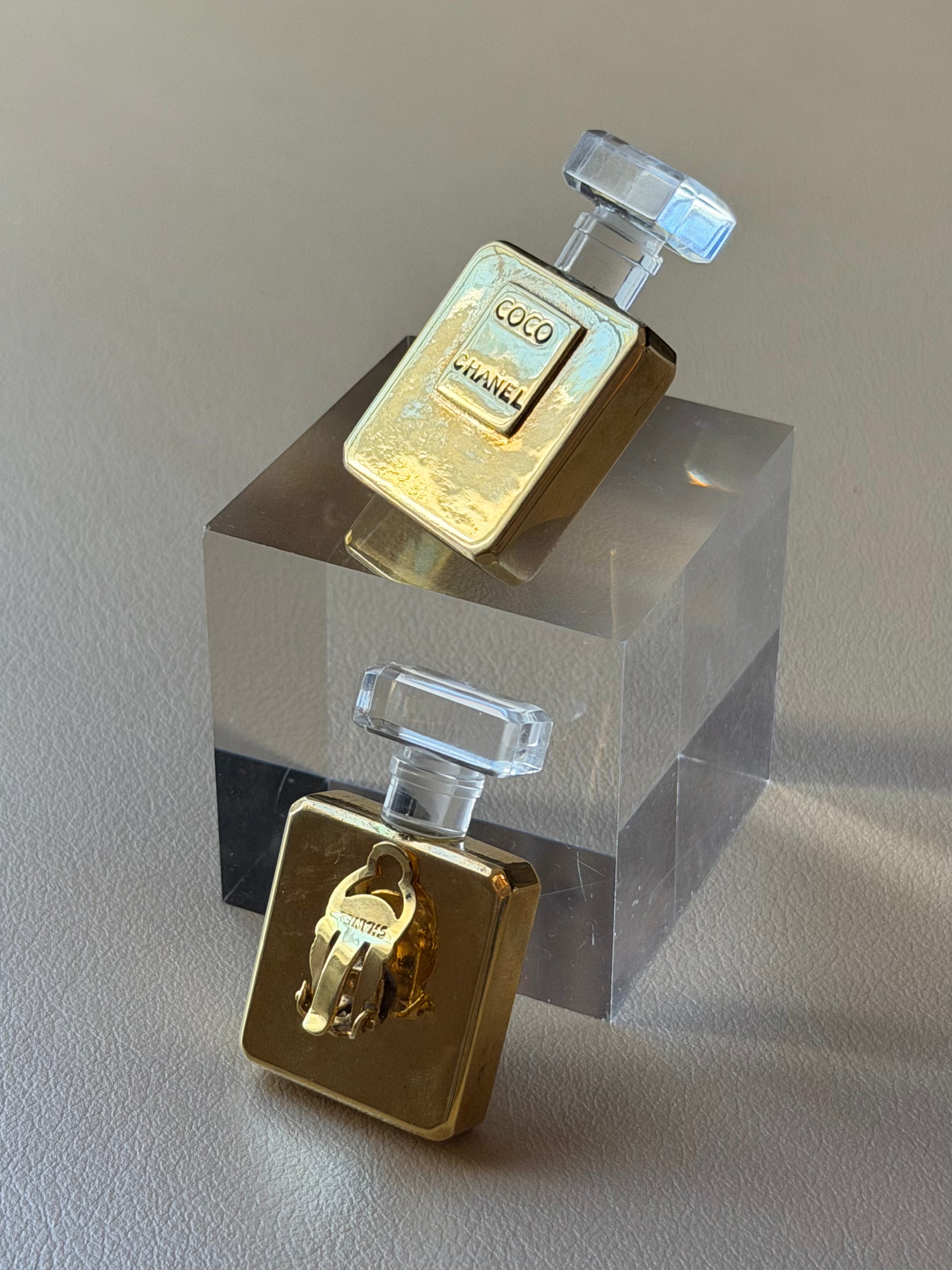 1992 Gold Toned “Coco” Perfume Bottle Clip On Earrings