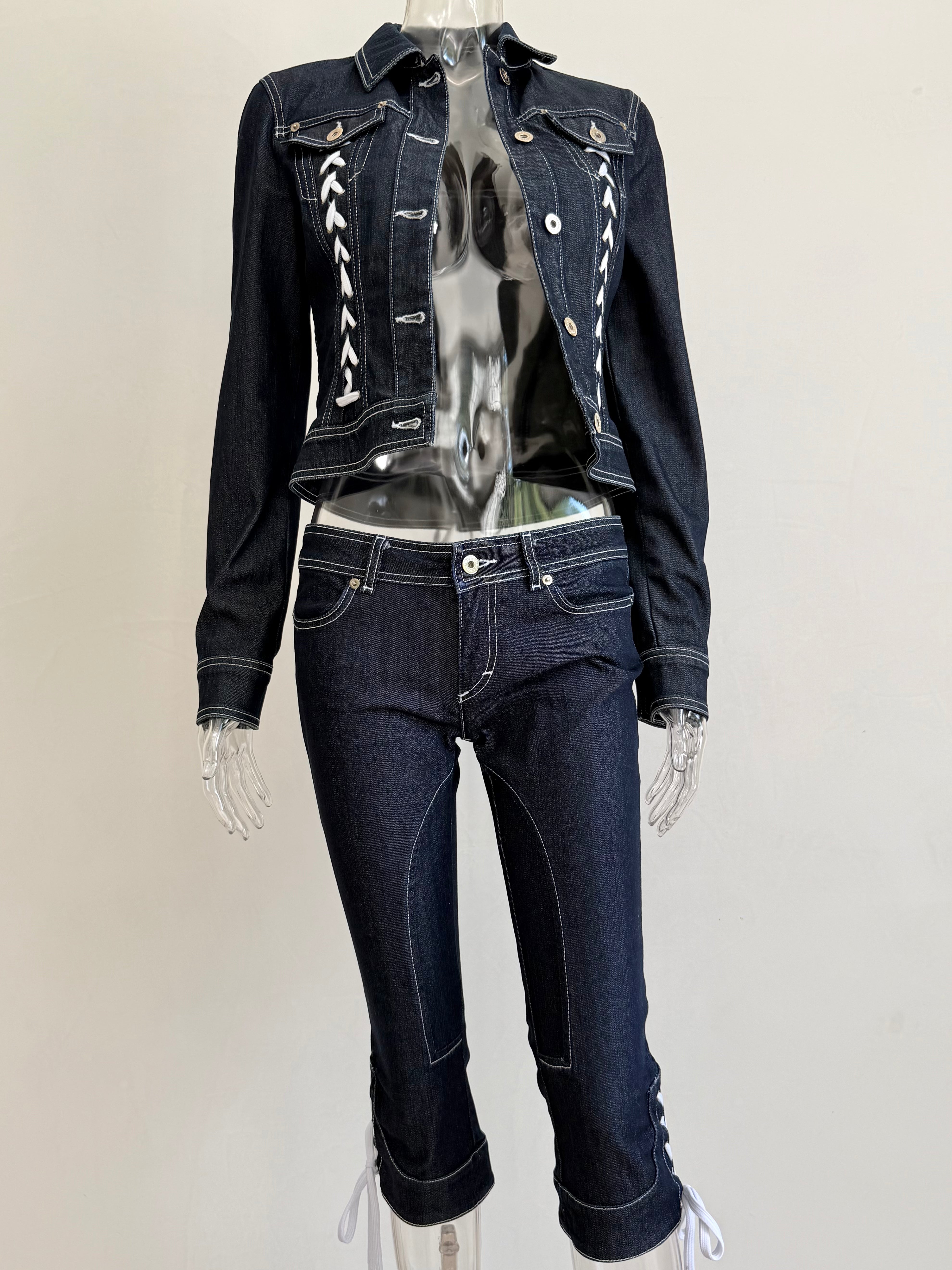Dark Denim + White Lace Up Pants
