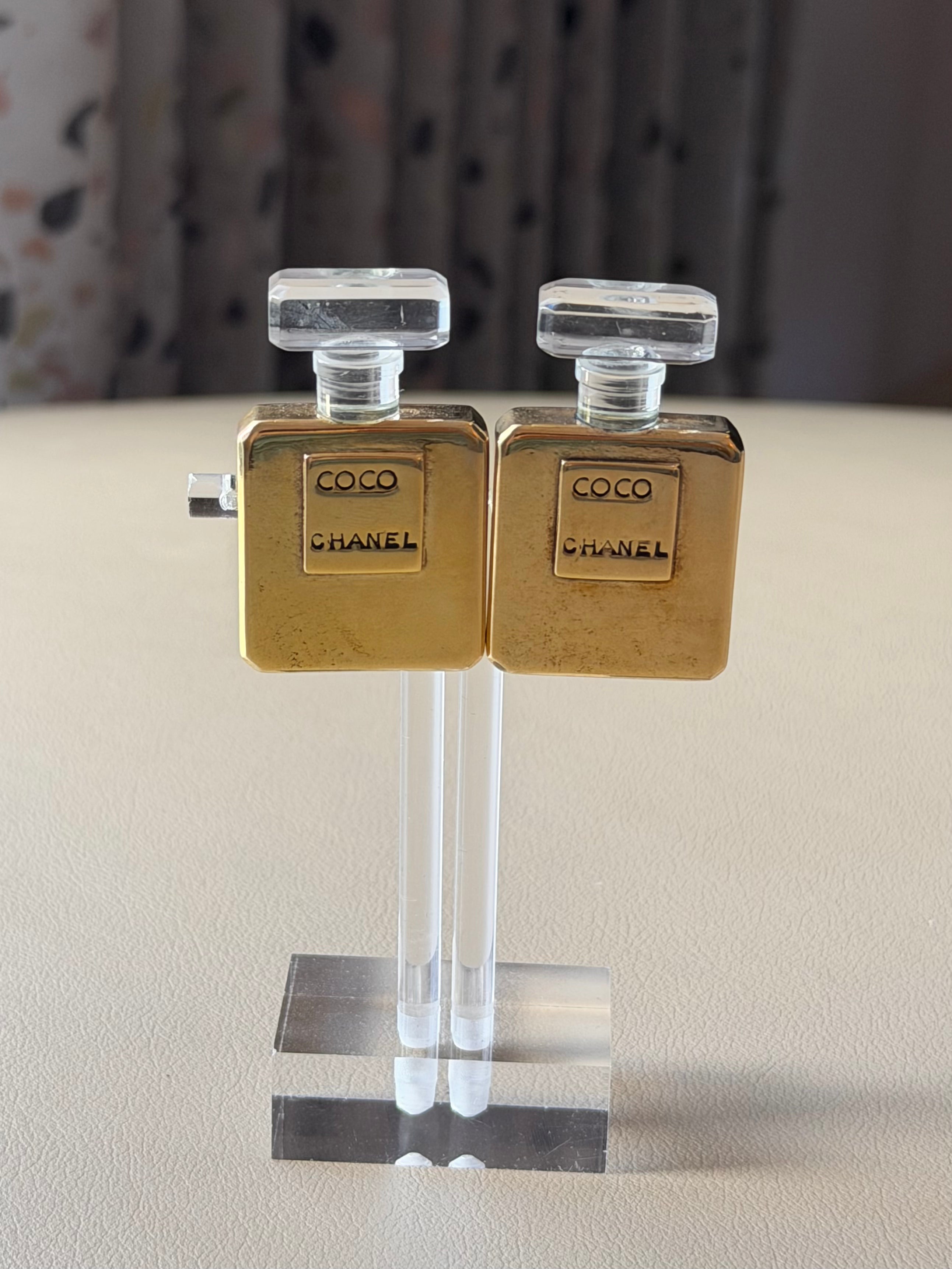 1992 Gold Toned “Coco” Perfume Bottle Clip On Earrings