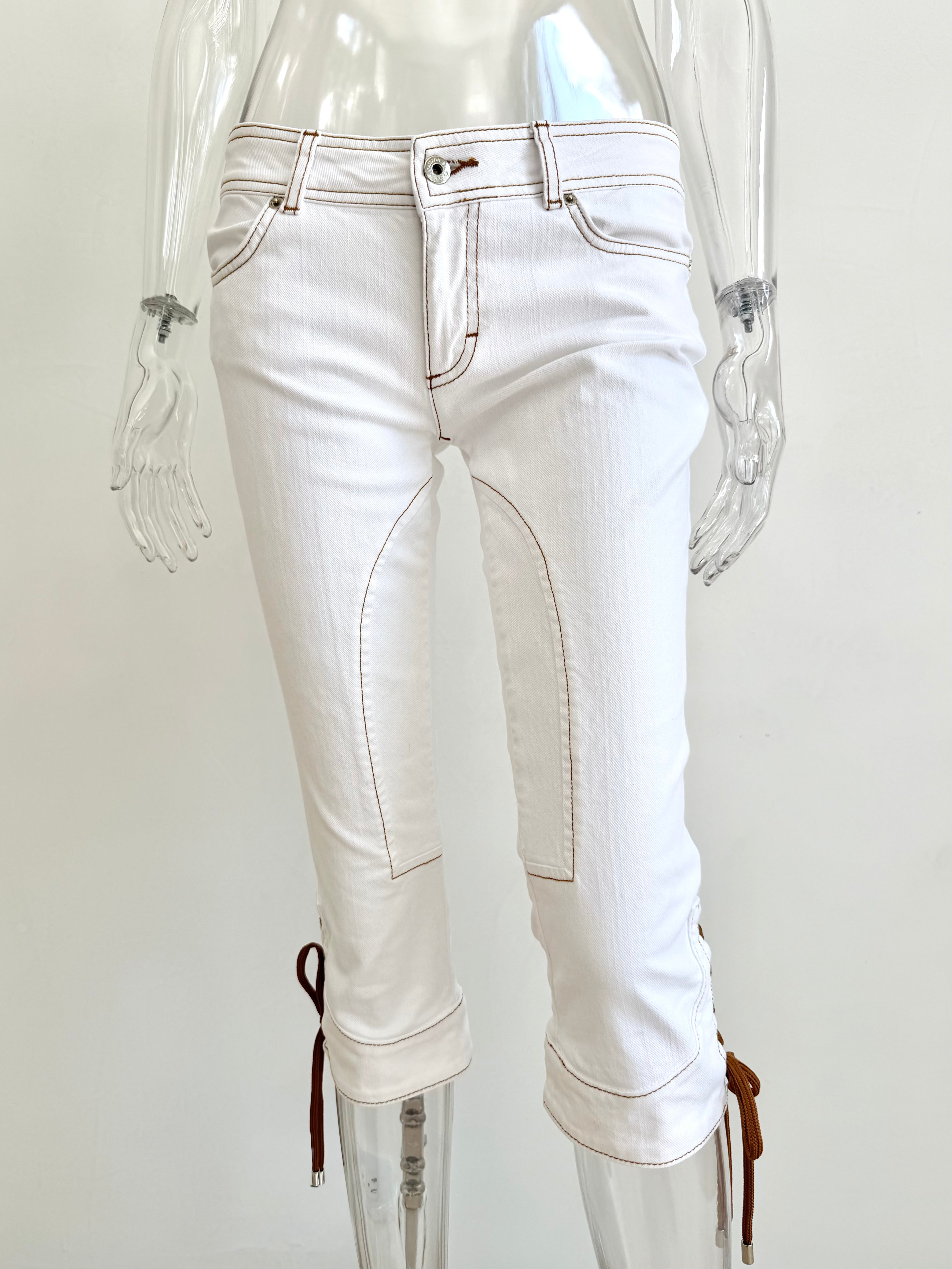 White Denim & Tan Lace Up Pants