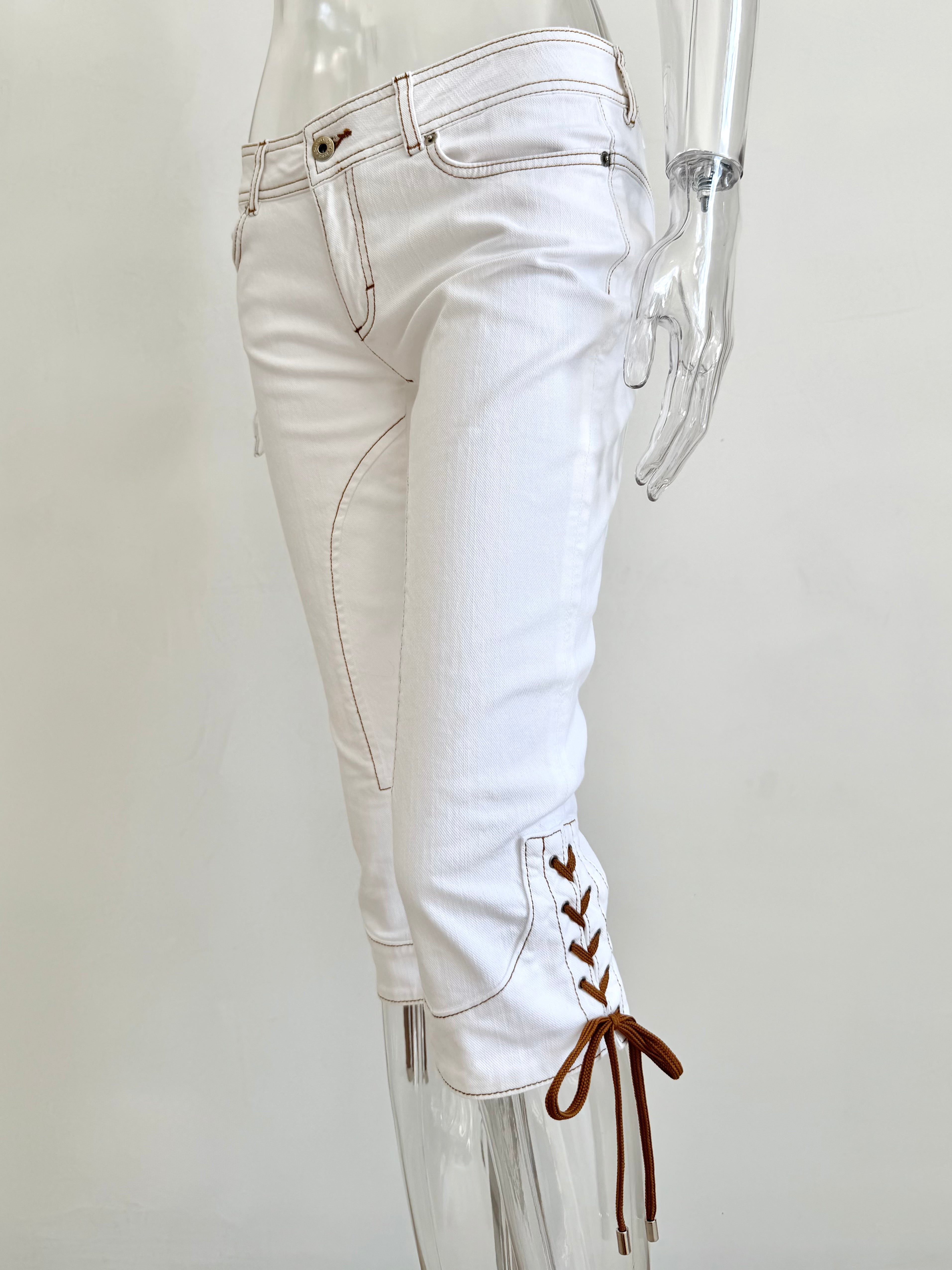 White Denim & Tan Lace Up Pants