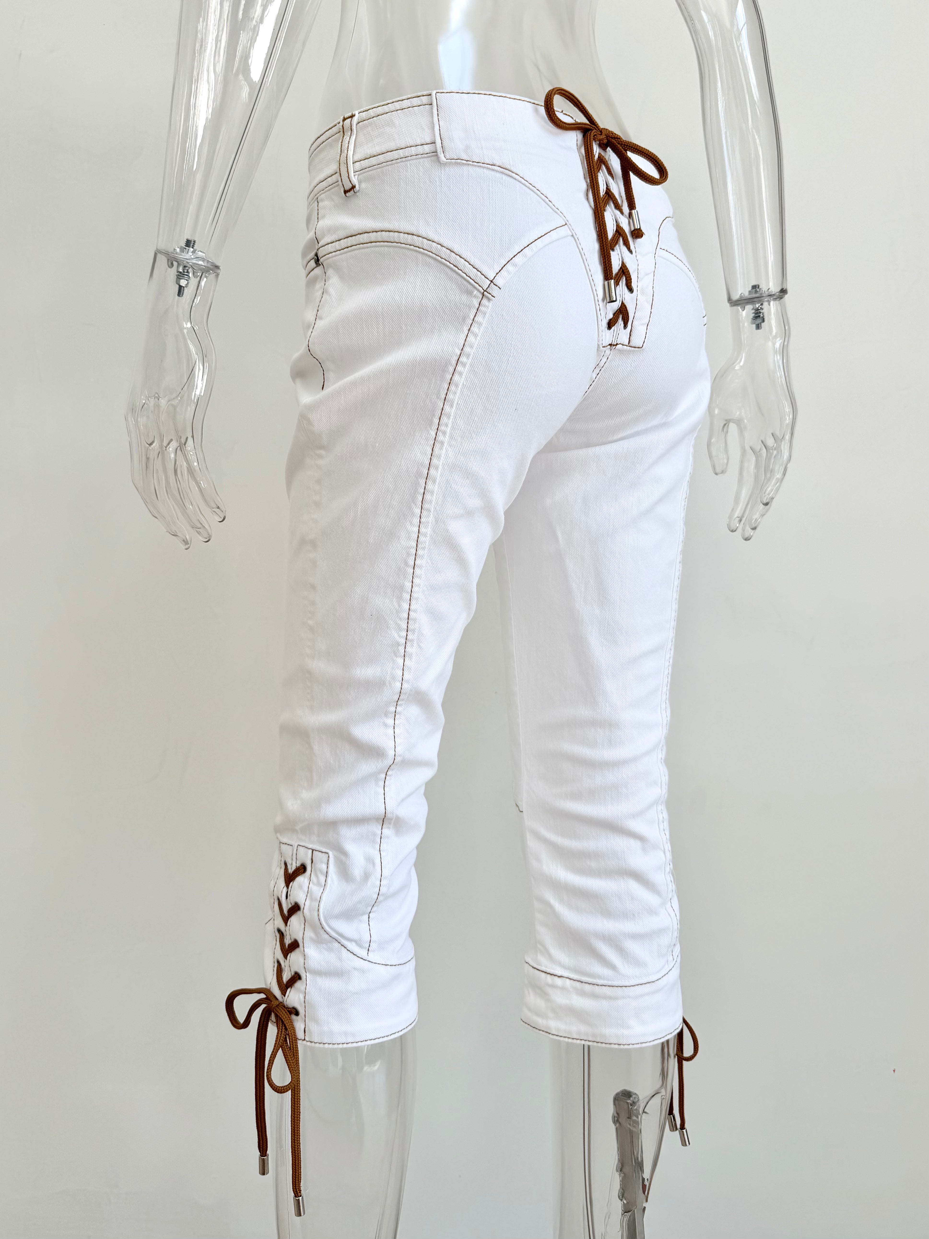White Denim & Tan Lace Up Pants