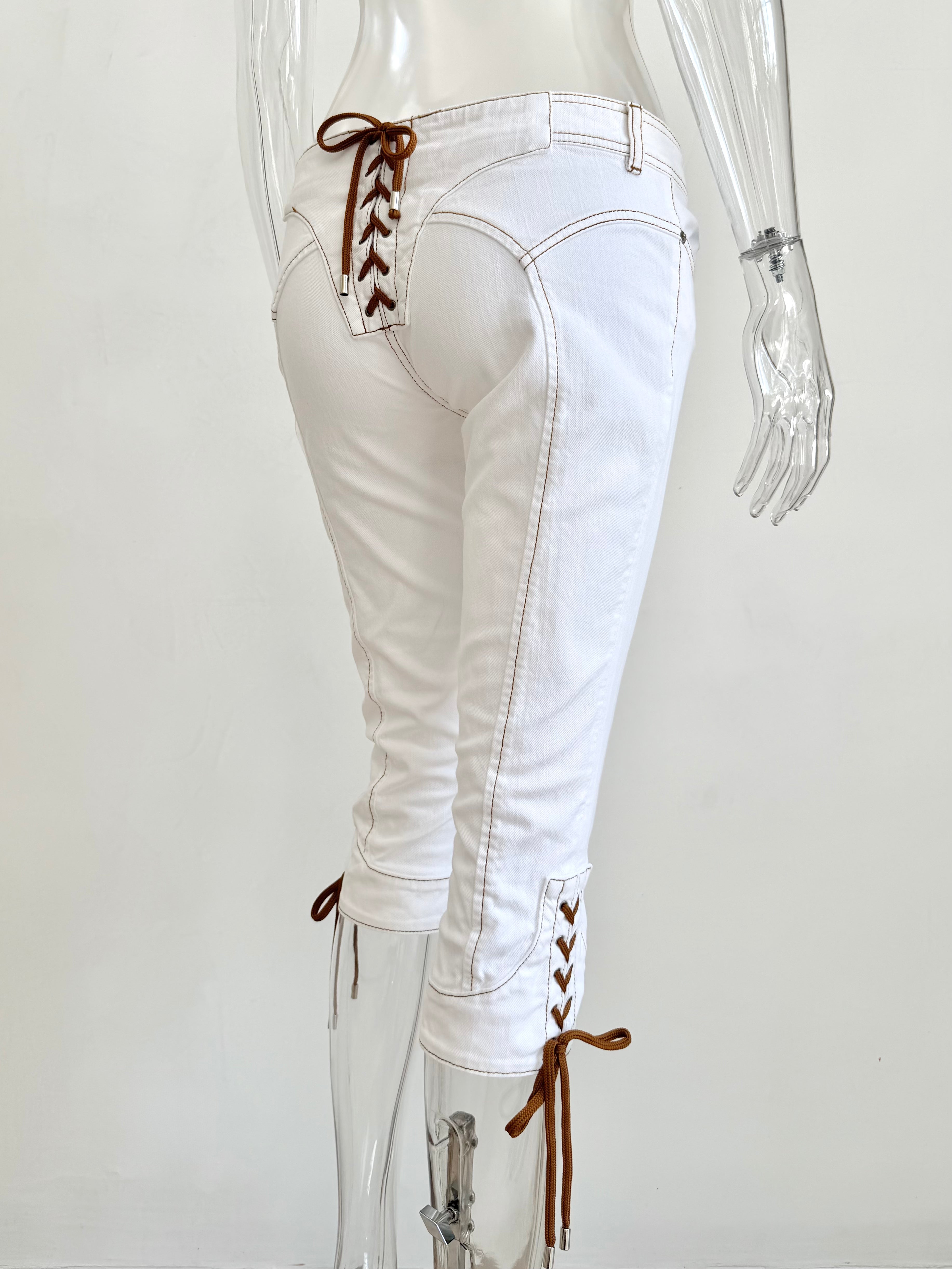White Denim & Tan Lace Up Pants