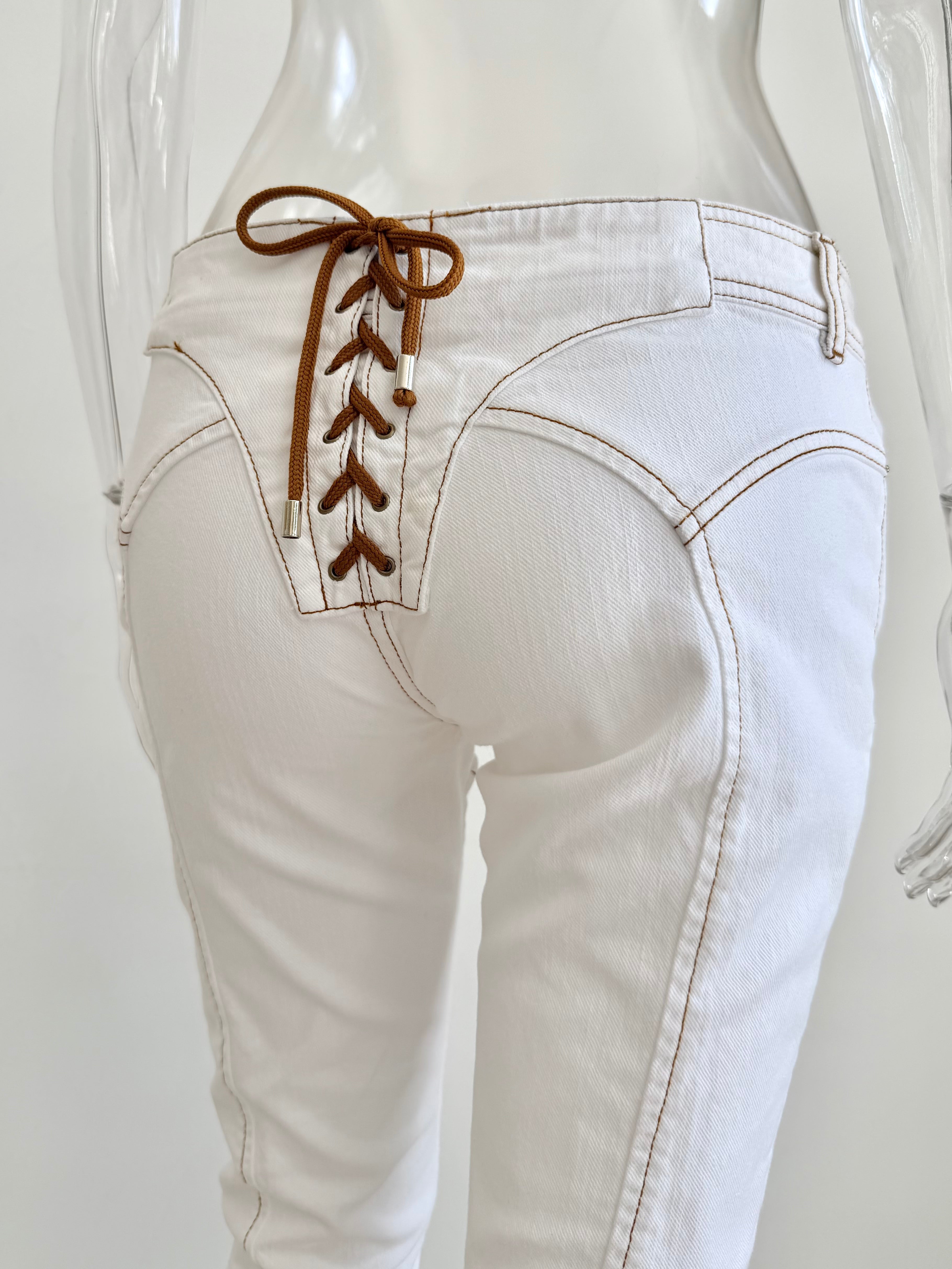 White Denim & Tan Lace Up Pants