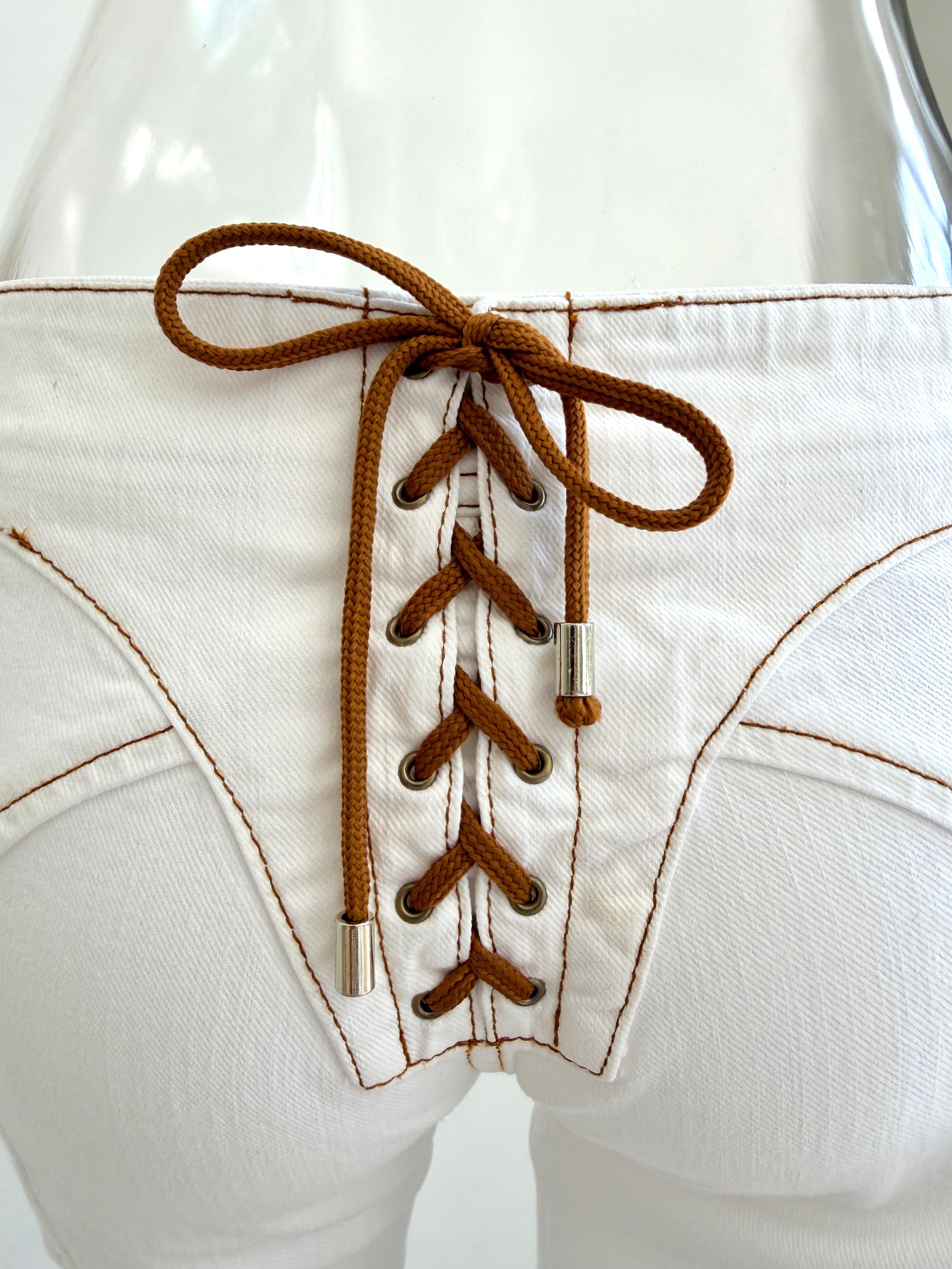 White Denim & Tan Lace Up Pants