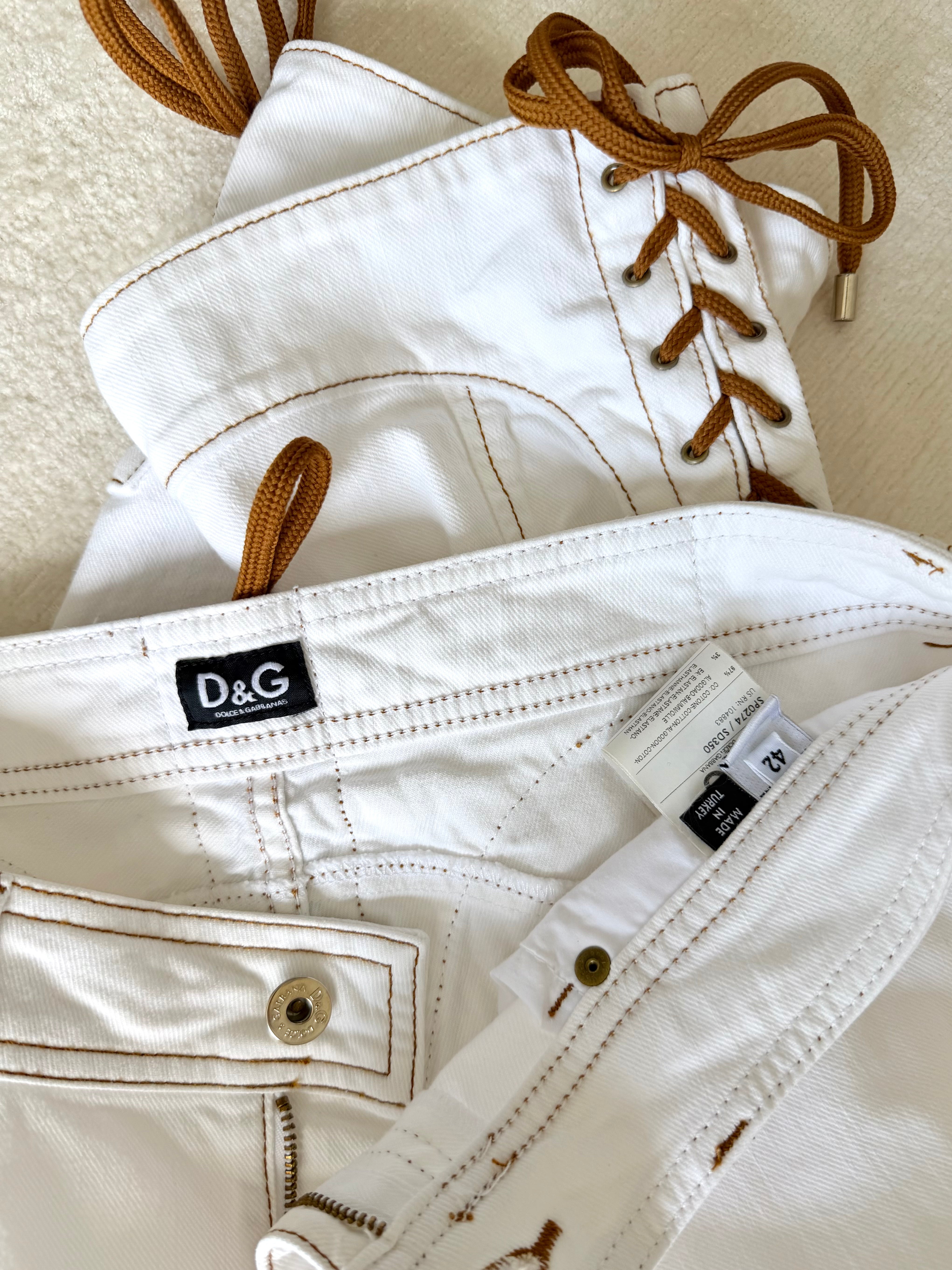 White Denim & Tan Lace Up Pants