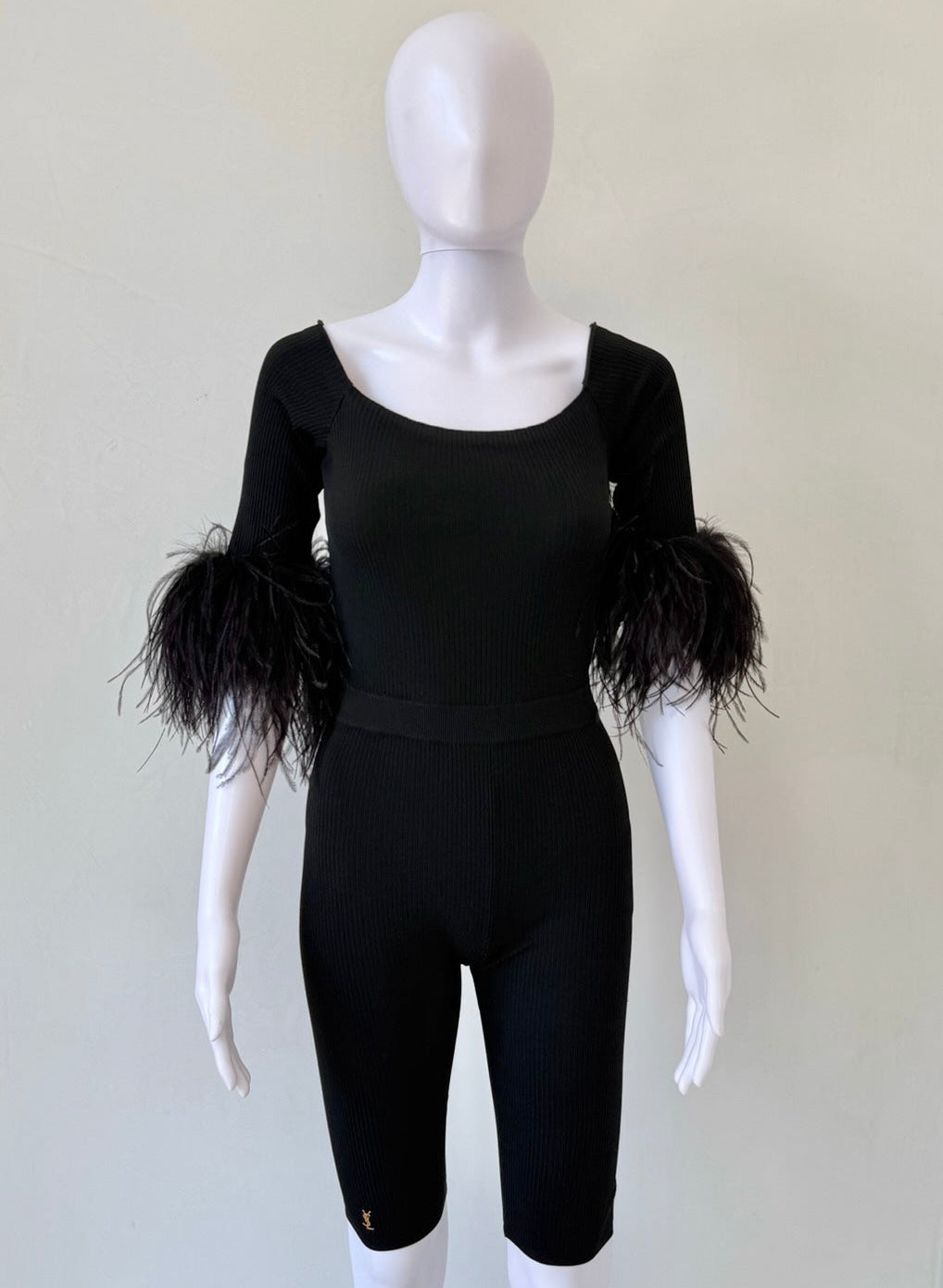 S/S 2021 Black Ribbed Knit Feather-Cuff Romper