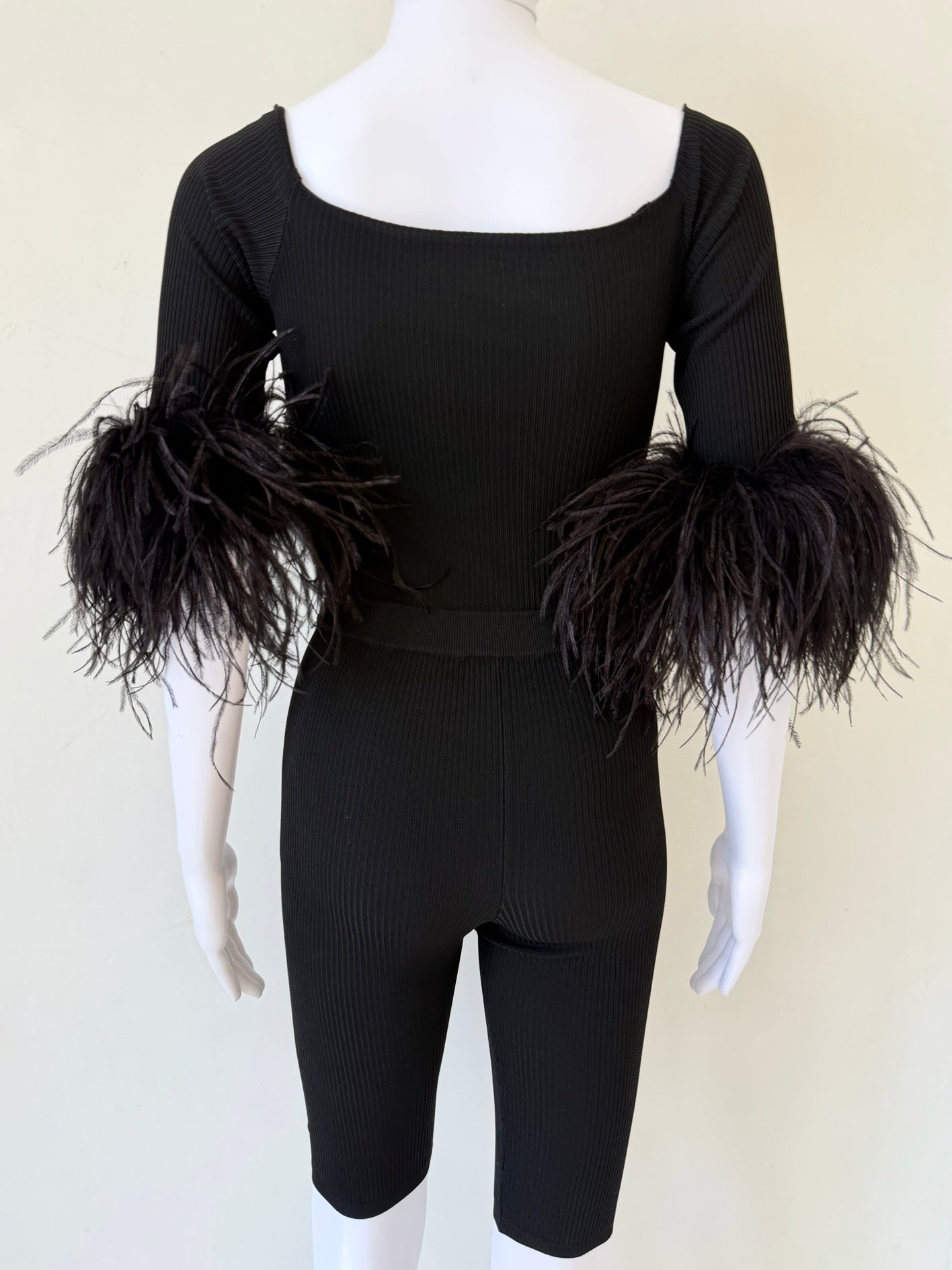 S/S 2021 Black Ribbed Knit Feather-Cuff Romper