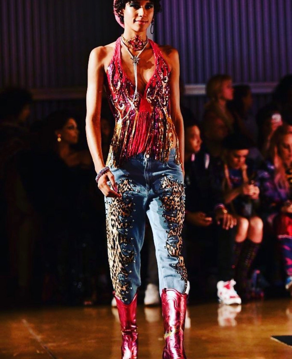 Multicolor Sequin & Fringe Halter Top
