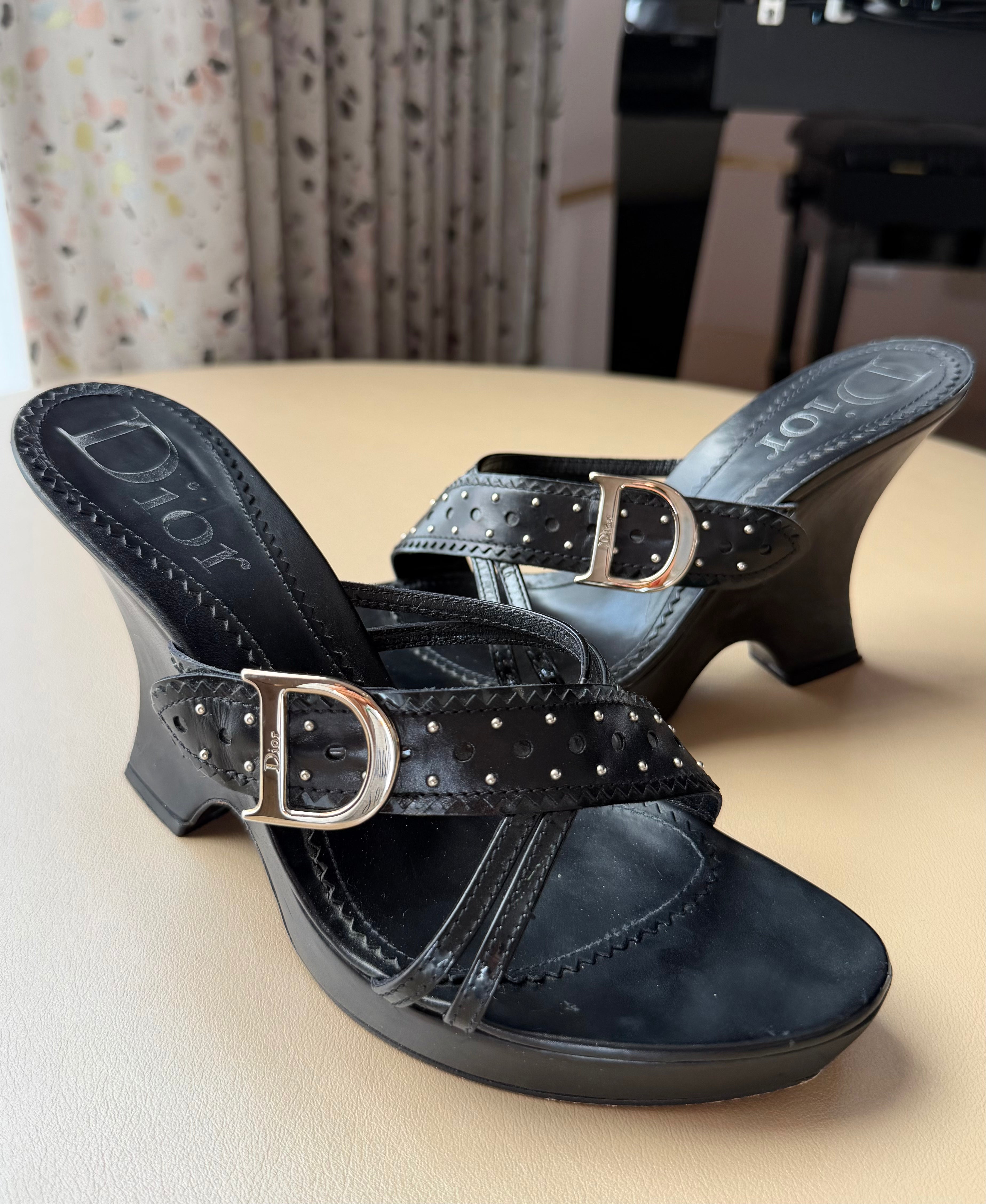 Black Studded Leather “CD Buckle” Strap Sandals