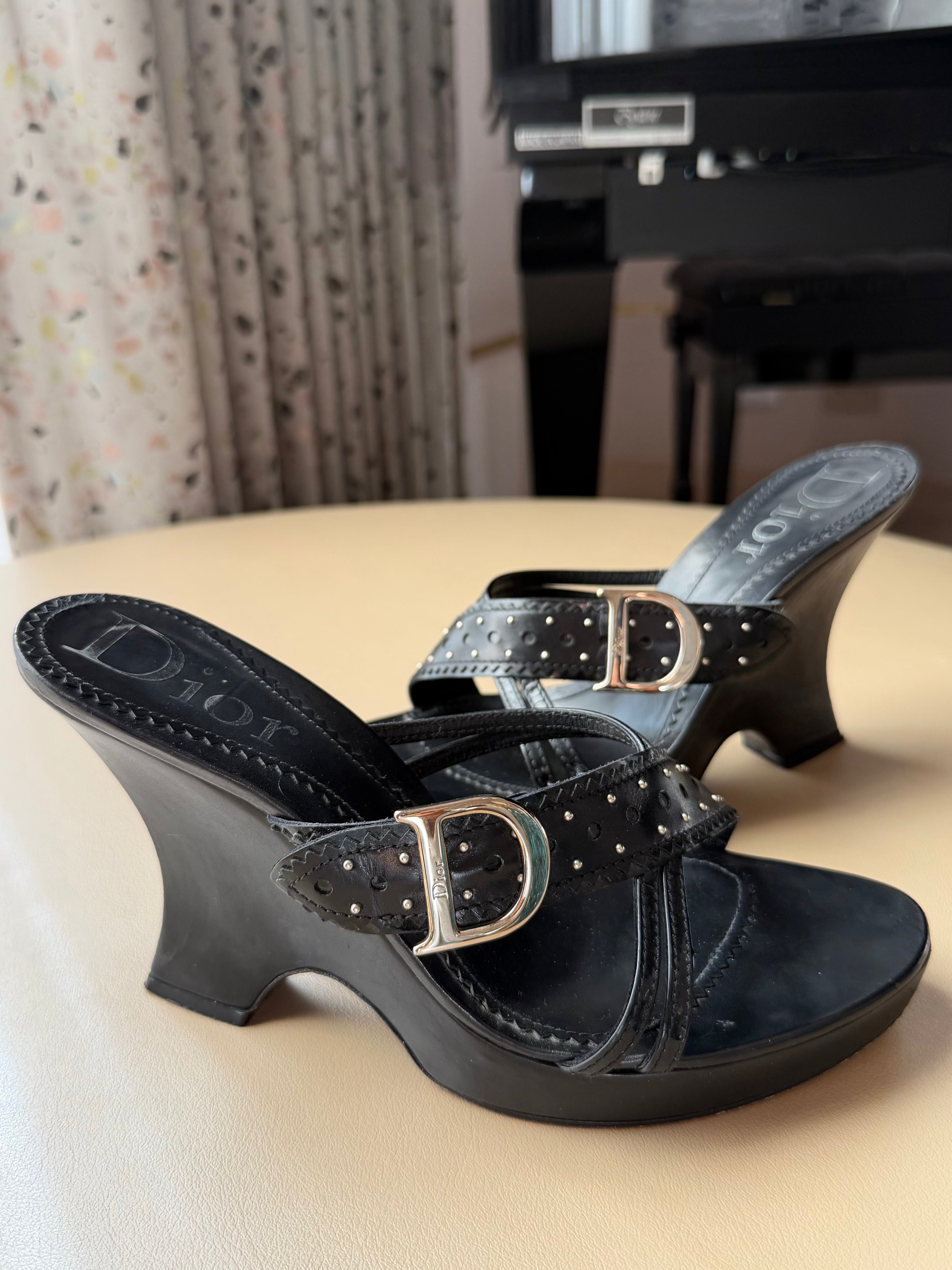Black Studded Leather “CD Buckle” Strap Sandals