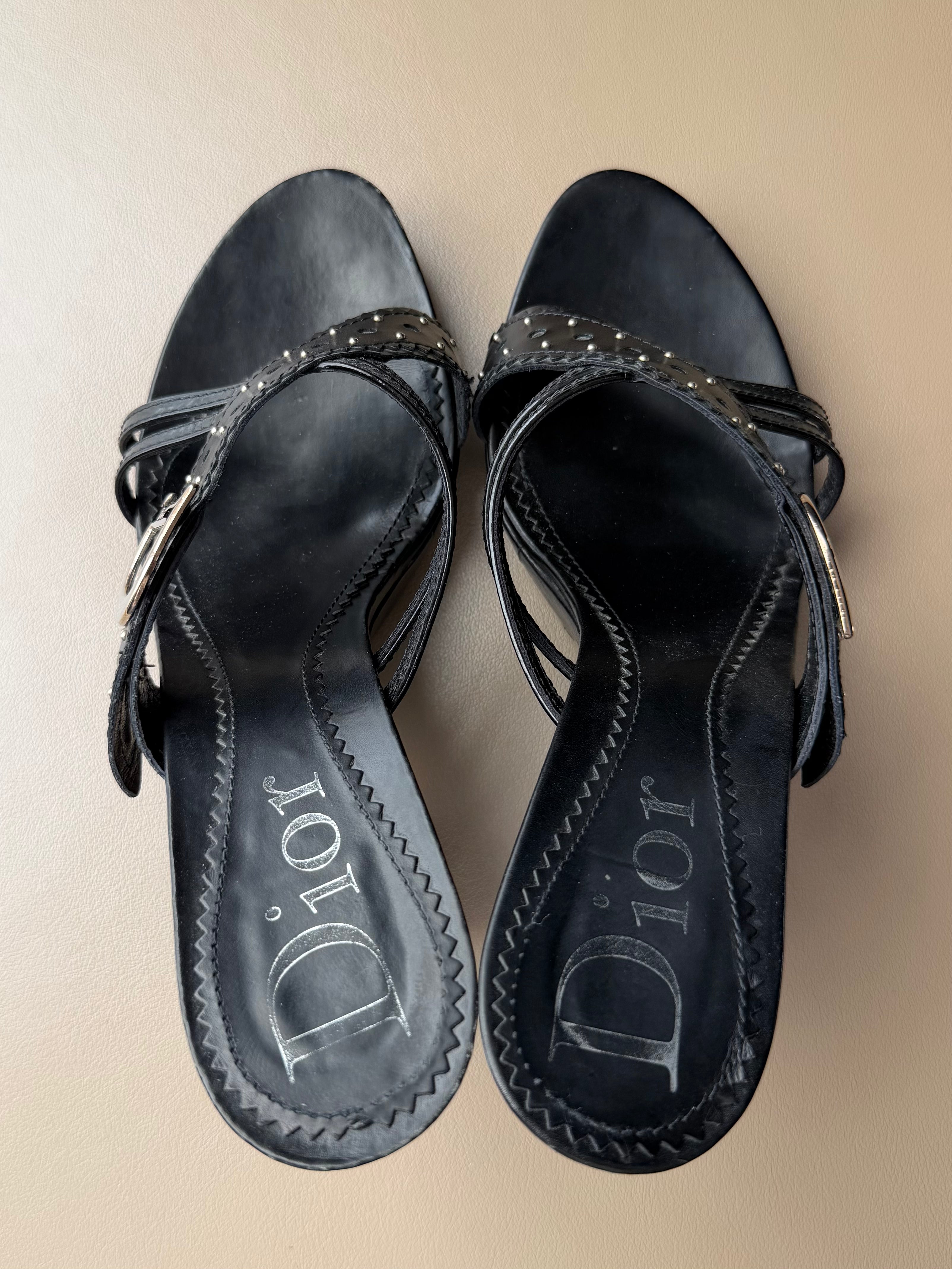 Black Studded Leather “CD Buckle” Strap Sandals