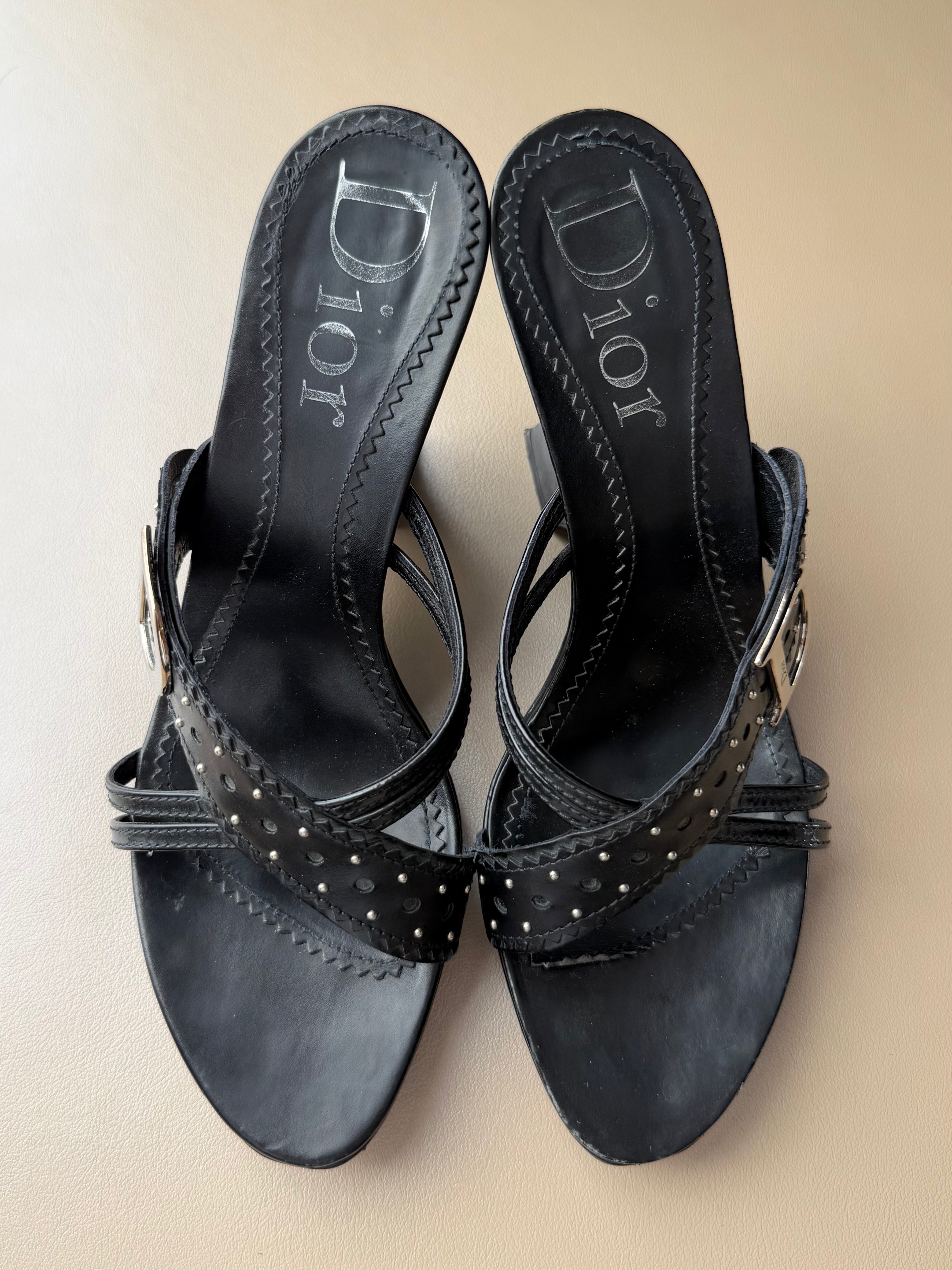 Black Studded Leather “CD Buckle” Strap Sandals