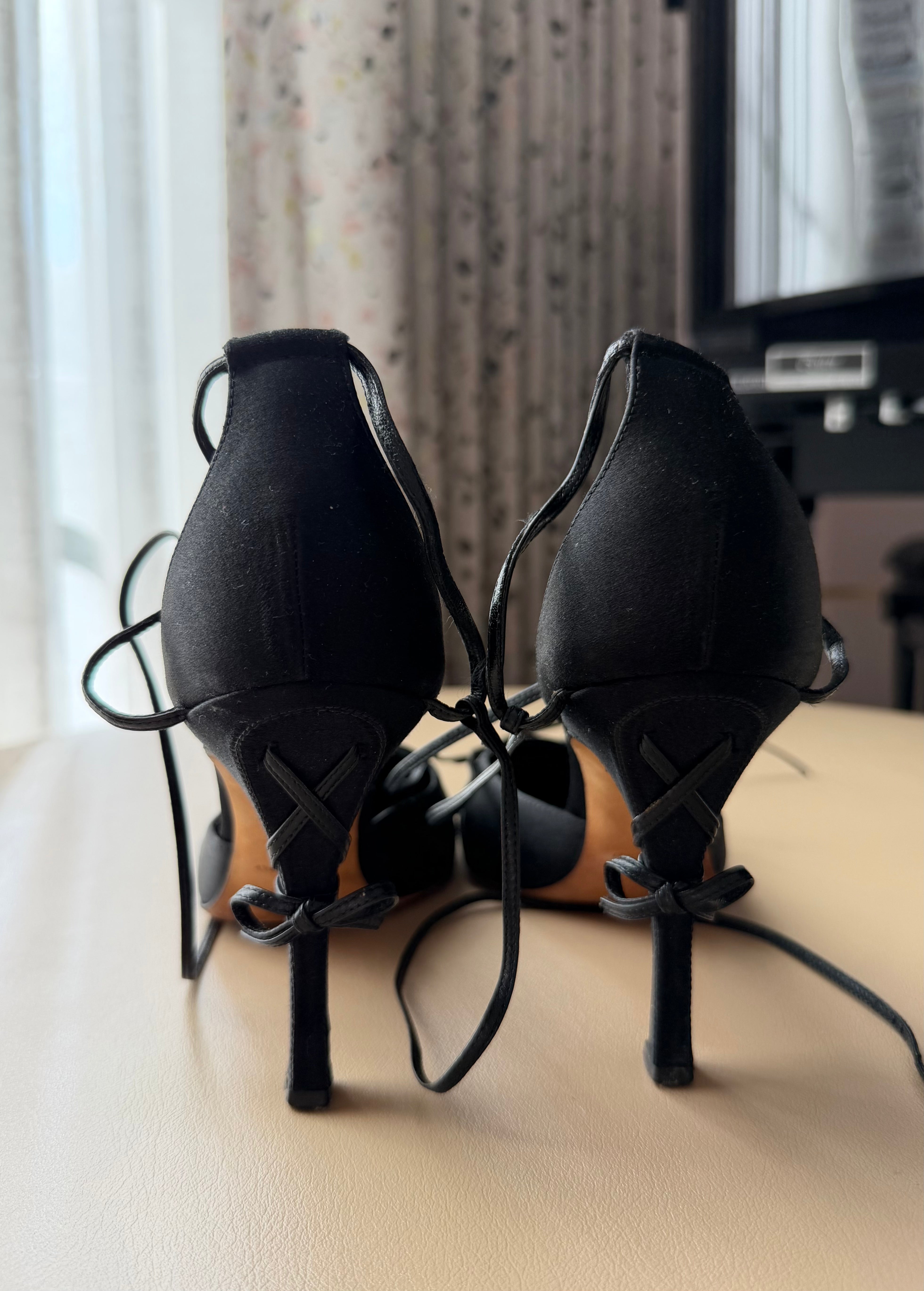 Black Satin Lace-Up Bow Pumps