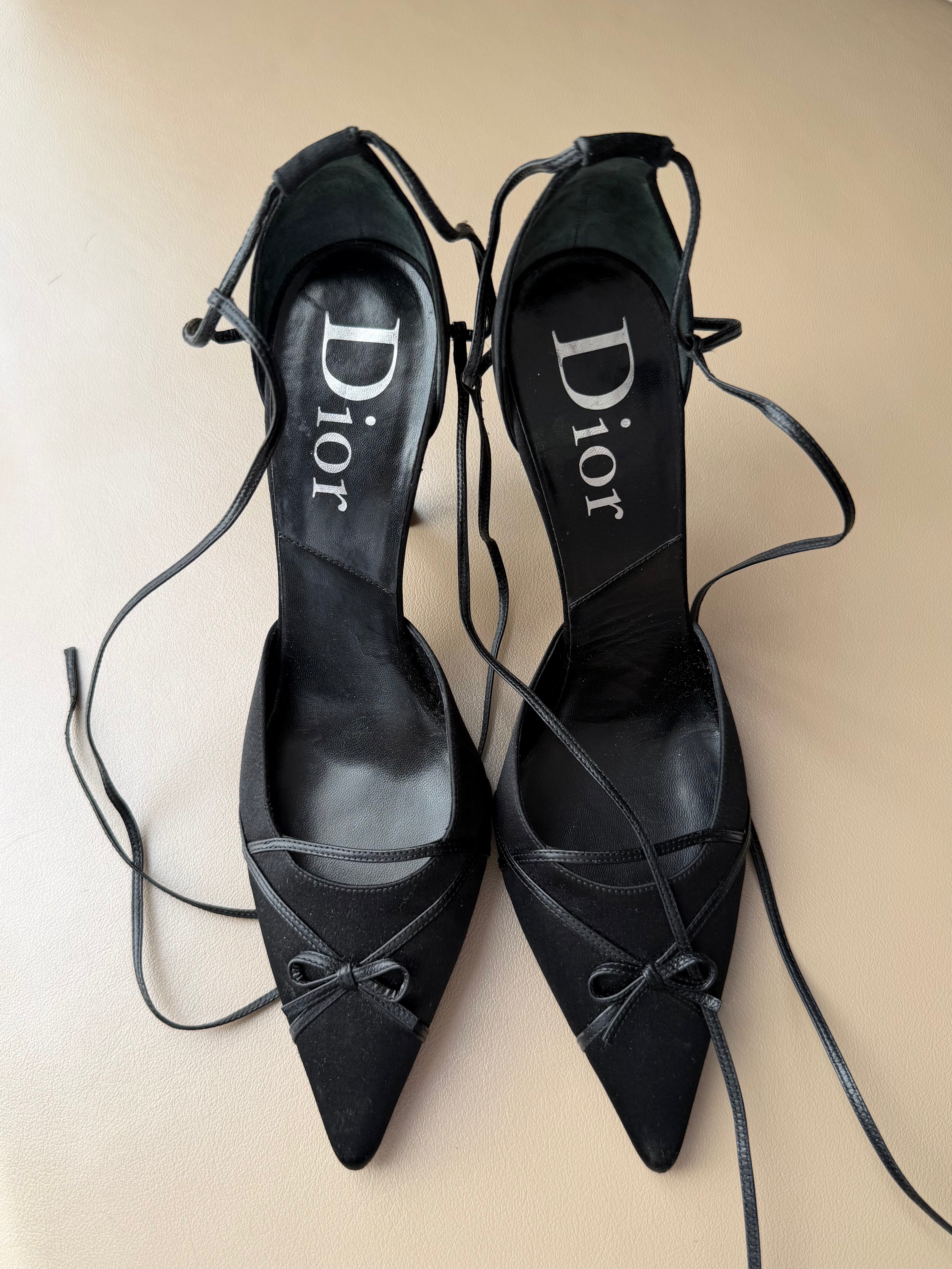 Black Satin Lace-Up Bow Pumps
