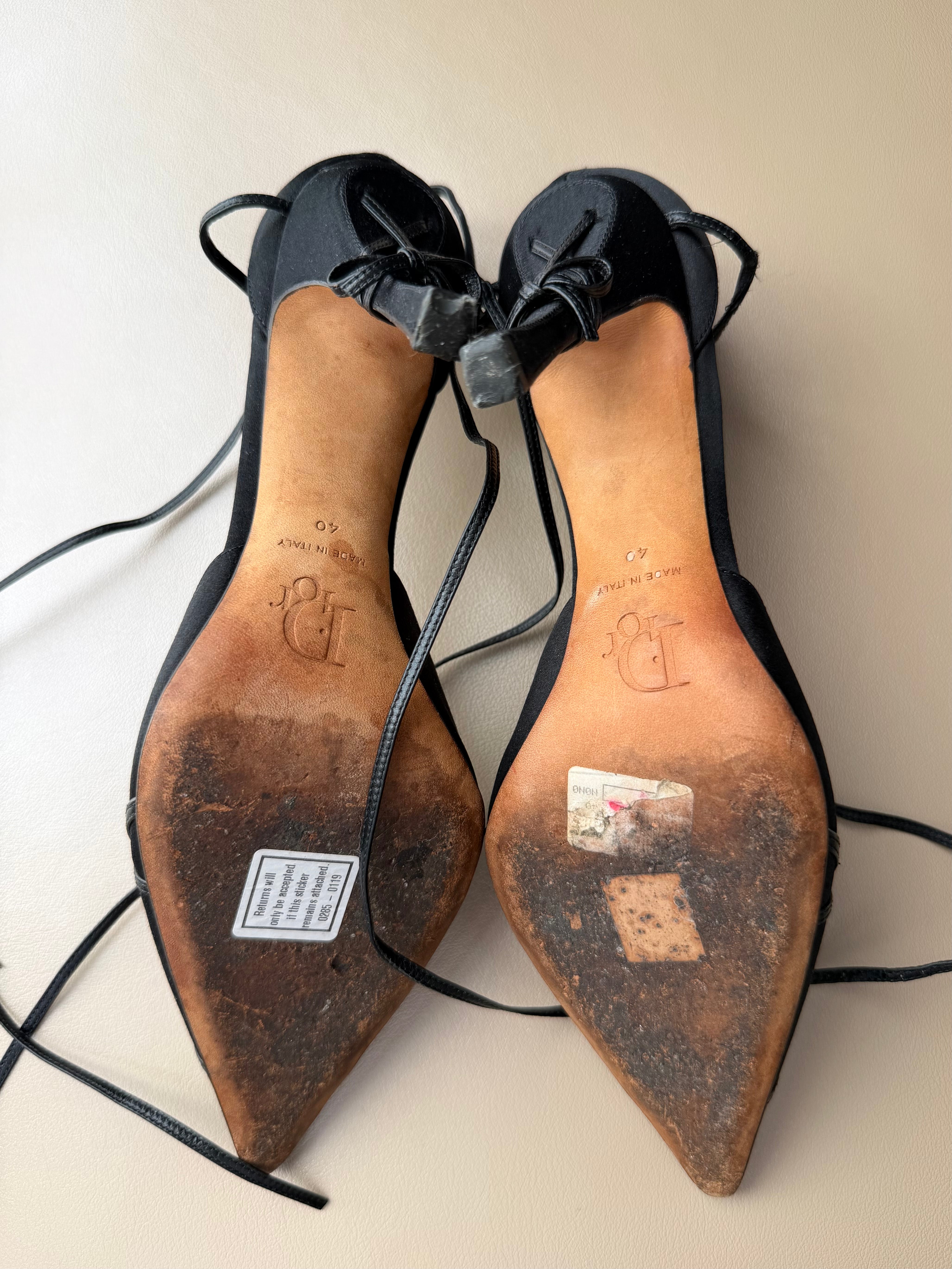 Black Satin Lace-Up Bow Pumps