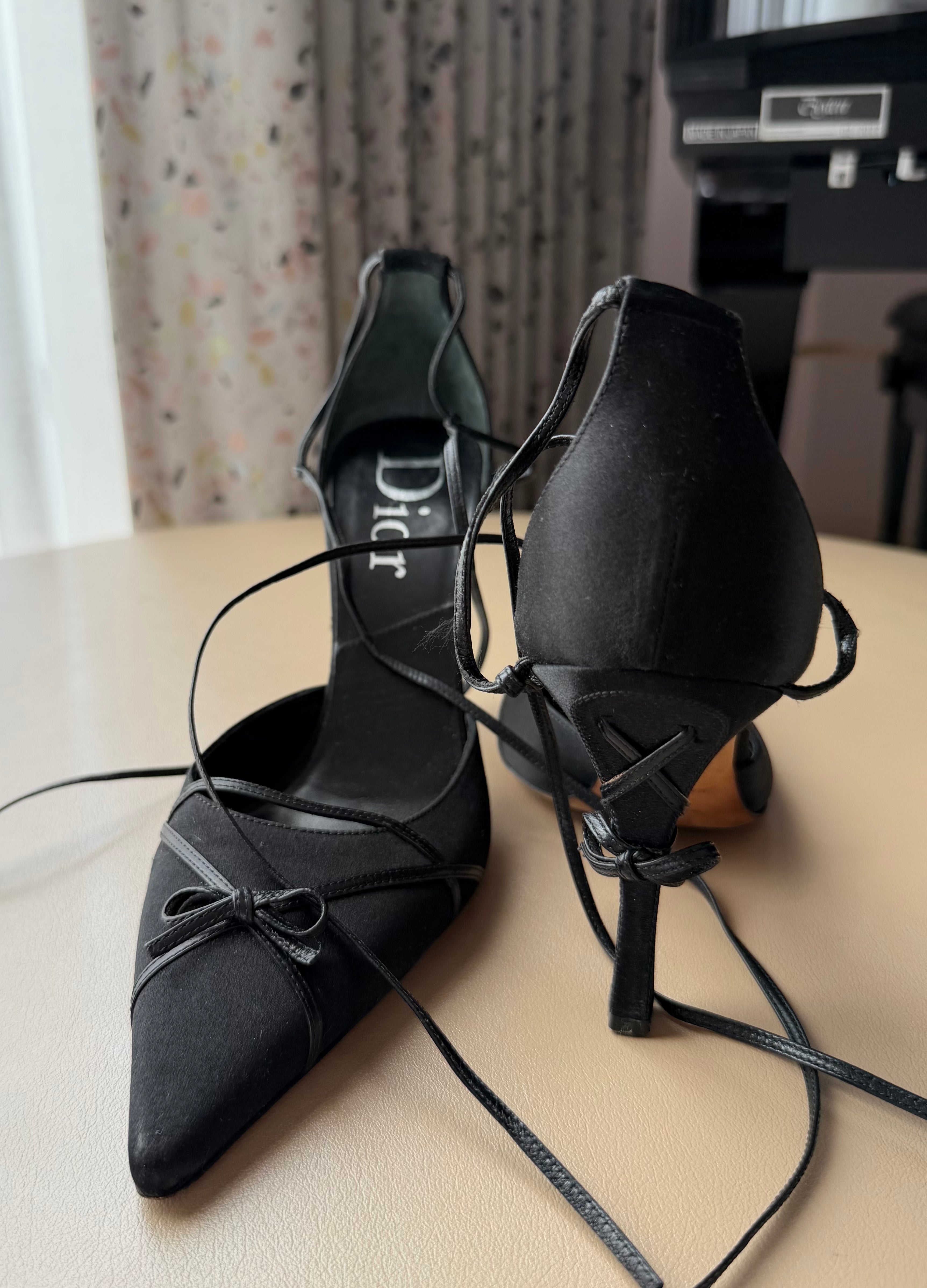 Black Satin Lace-Up Bow Pumps