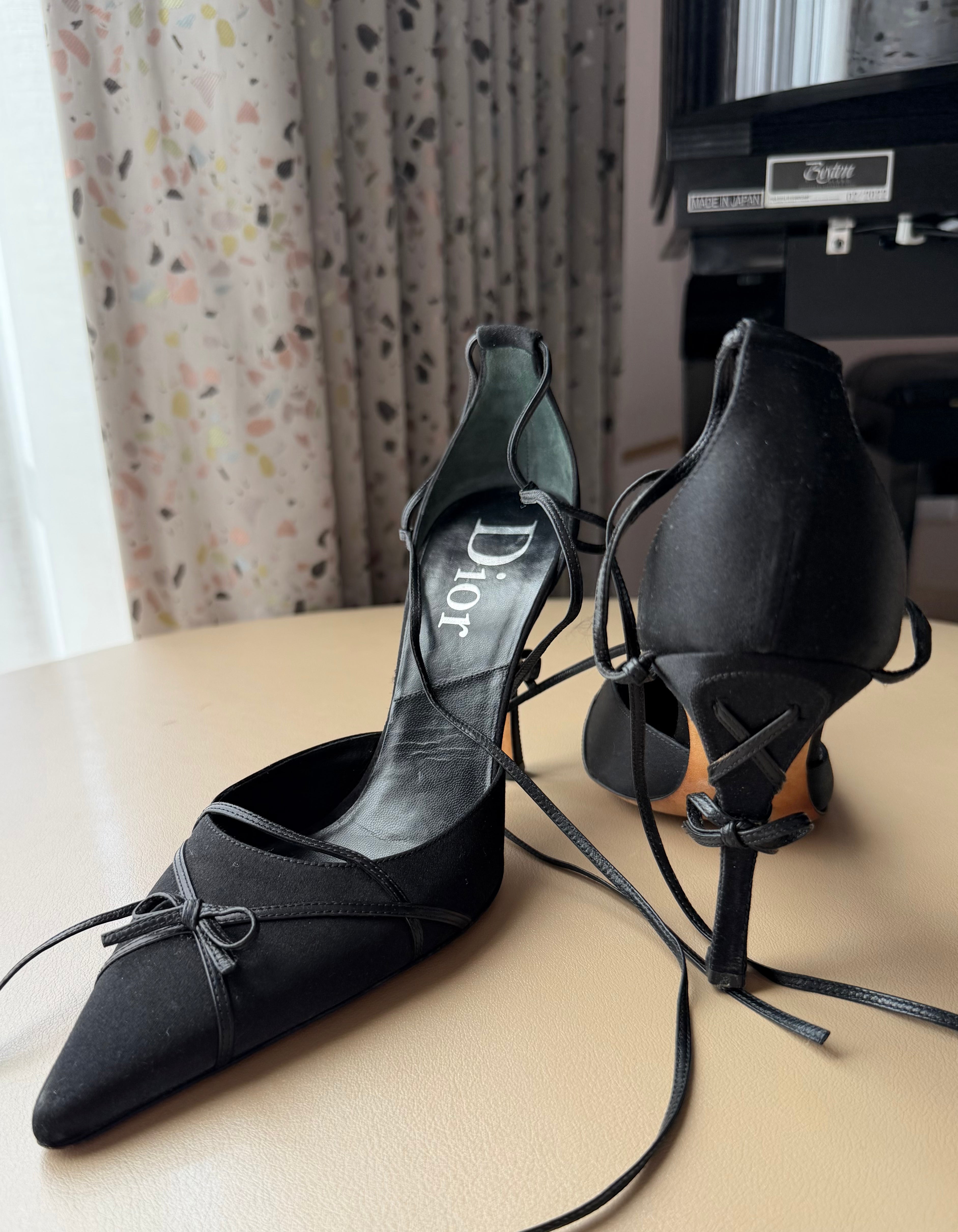 Black Satin Lace-Up Bow Pumps