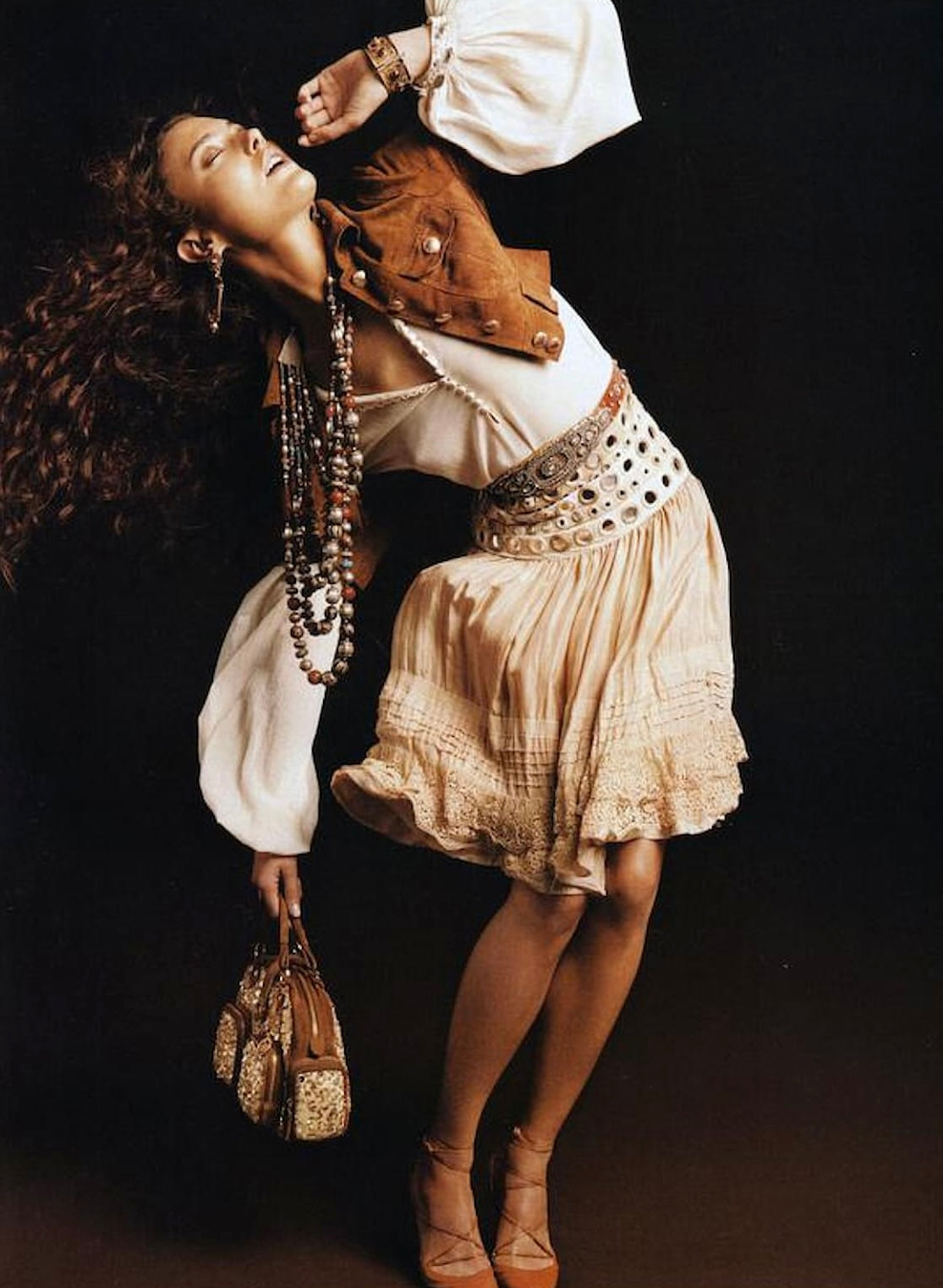 S/S 2005 Tan “Mirror Disc” Embellished Lace-Trim Skirt