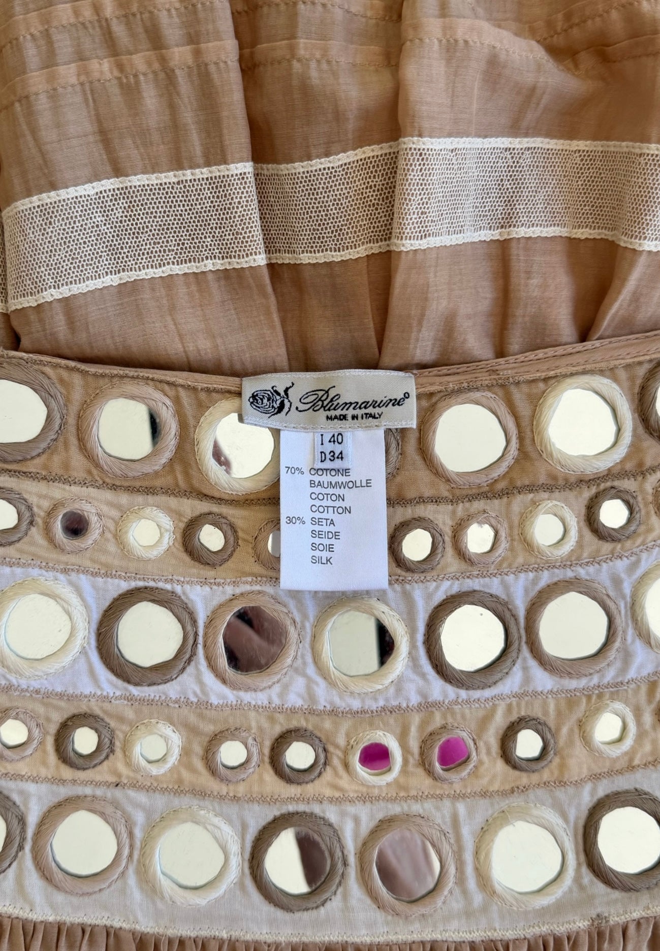 S/S 2005 Tan “Mirror Disc” Embellished Lace-Trim Skirt