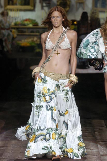 S/S 2005 White Silk “Lemon & Serpent” Ruched Tiered Skirt