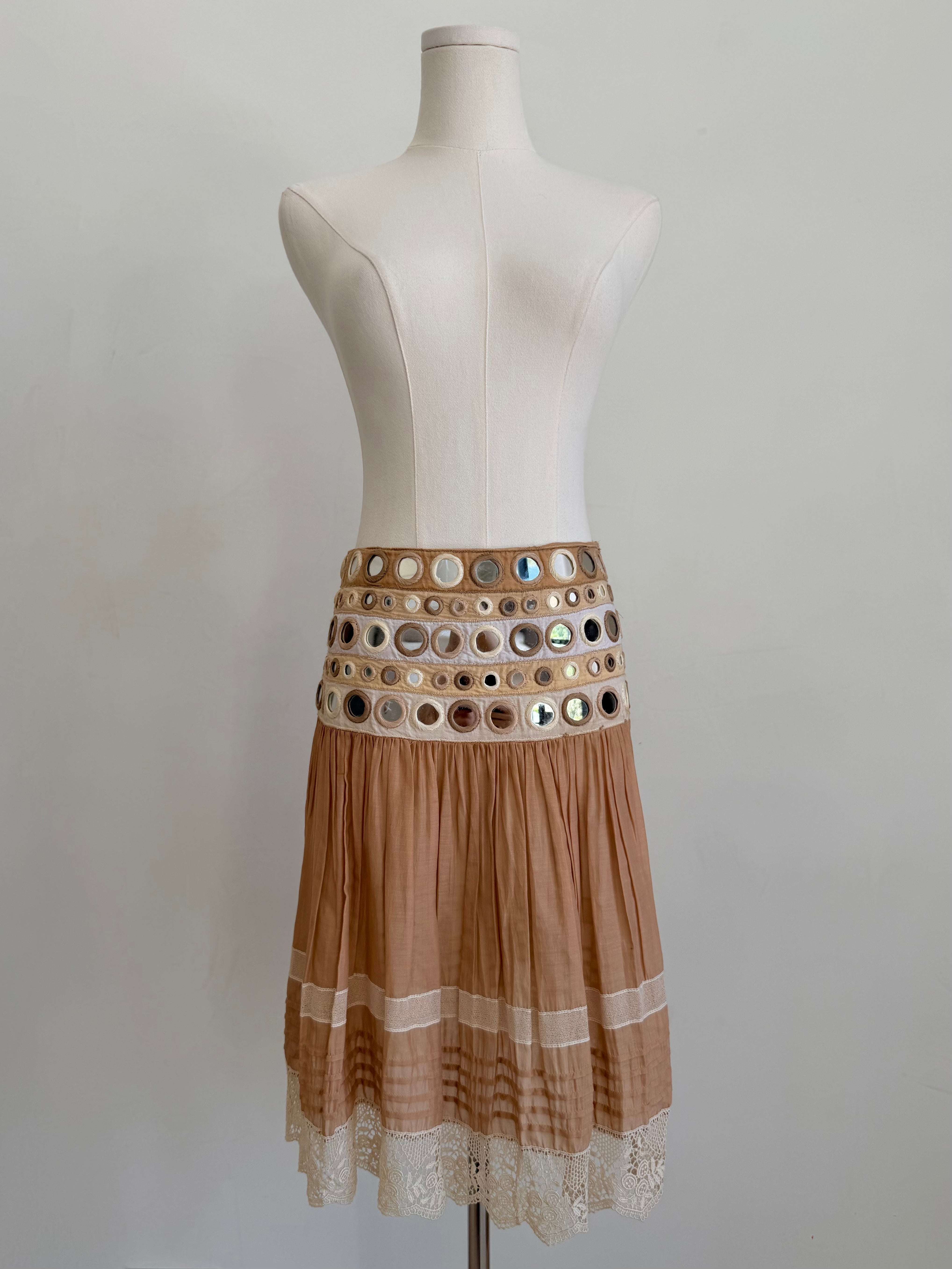 S/S 2005 Tan “Mirror Disc” Embellished Lace-Trim Skirt