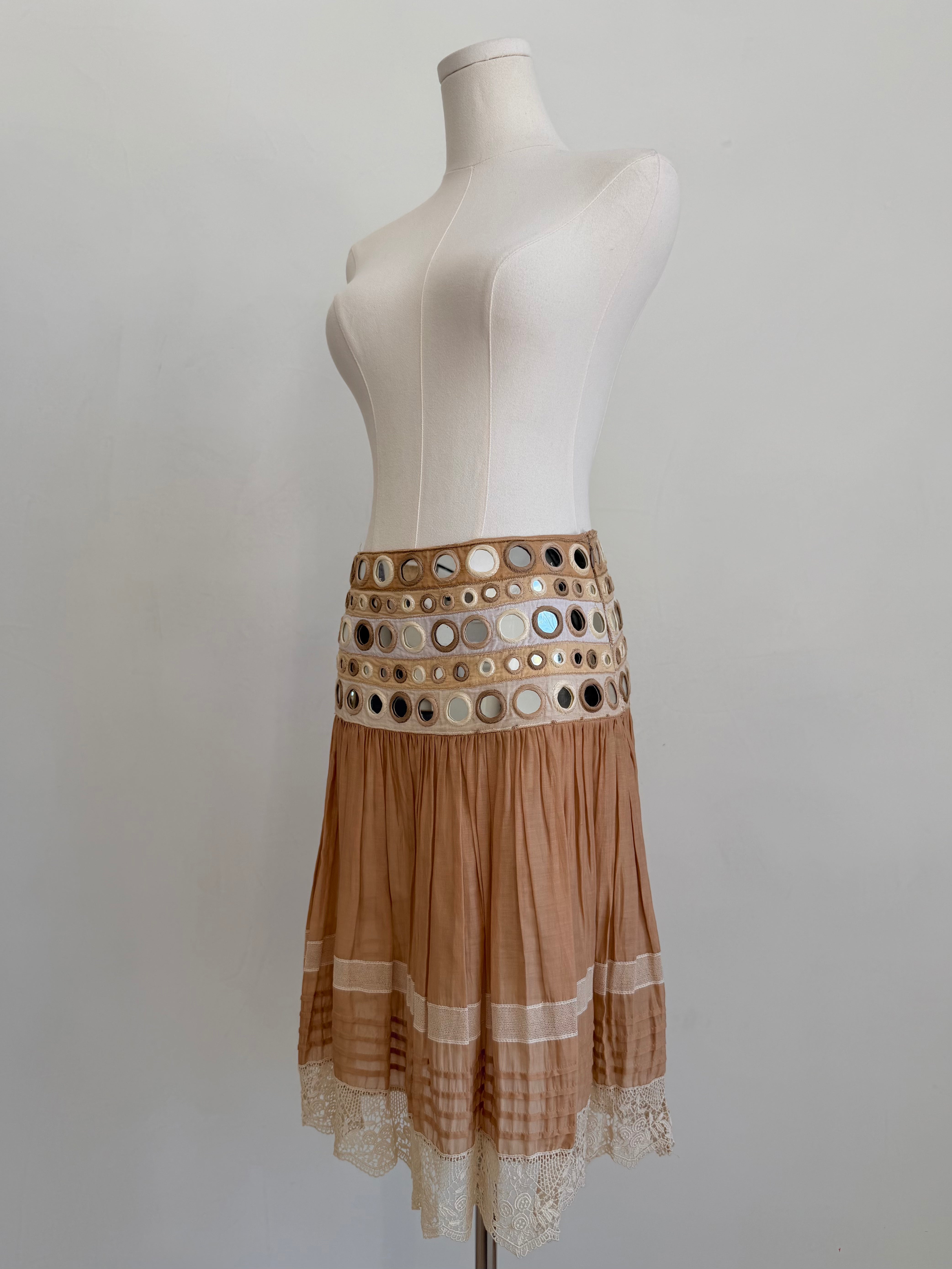 S/S 2005 Tan “Mirror Disc” Embellished Lace-Trim Skirt
