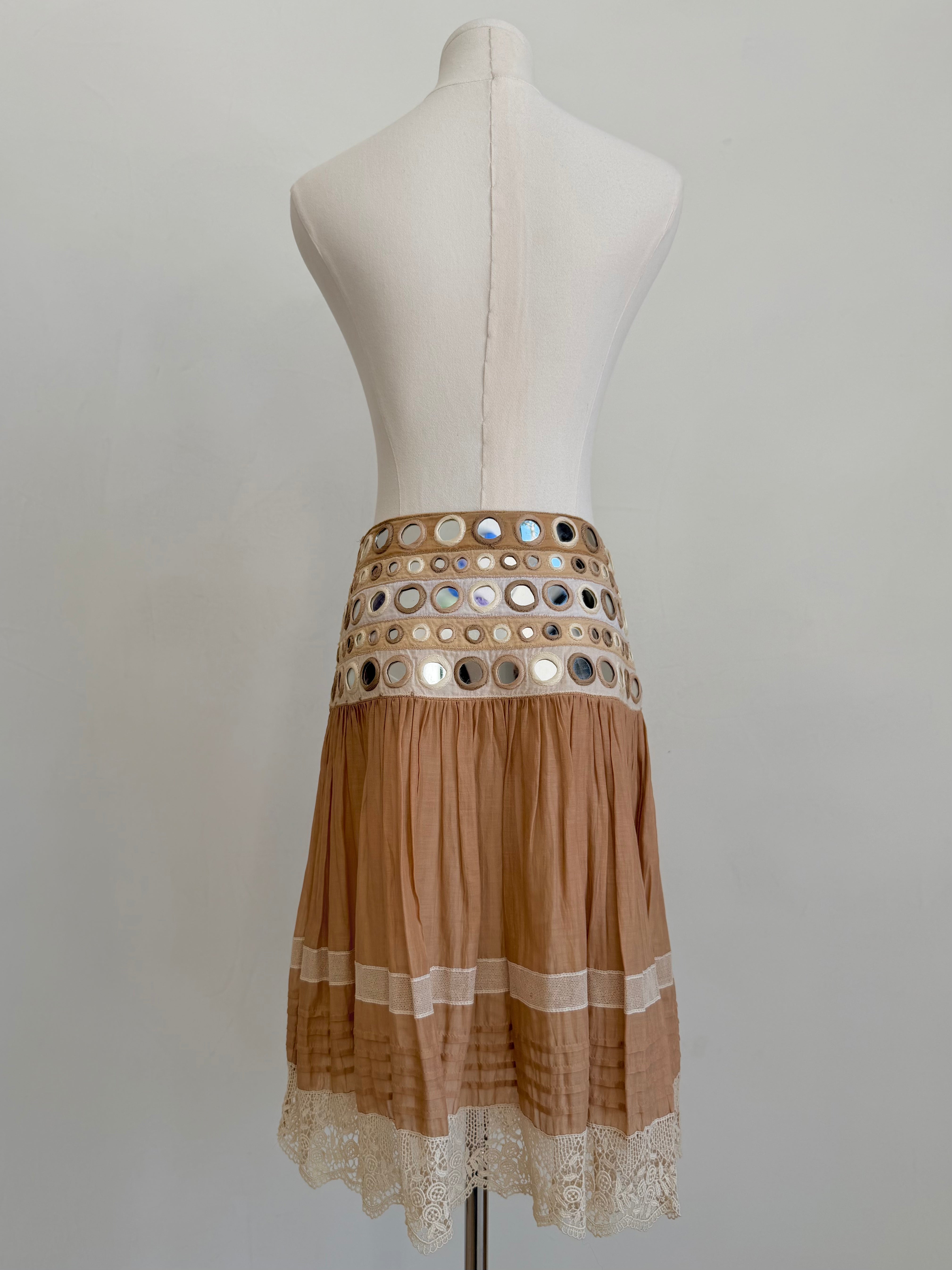 S/S 2005 Tan “Mirror Disc” Embellished Lace-Trim Skirt