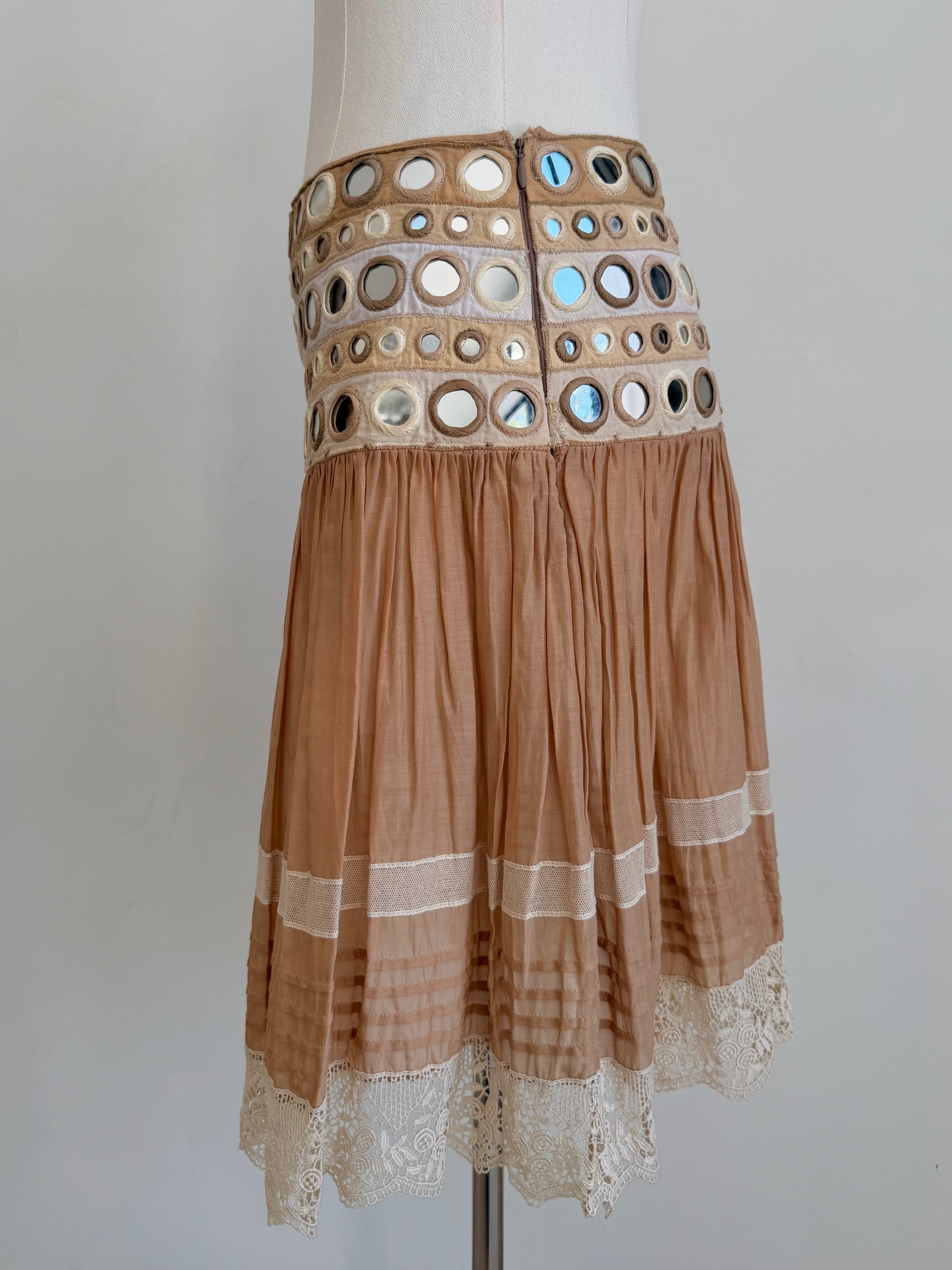 S/S 2005 Tan “Mirror Disc” Embellished Lace-Trim Skirt