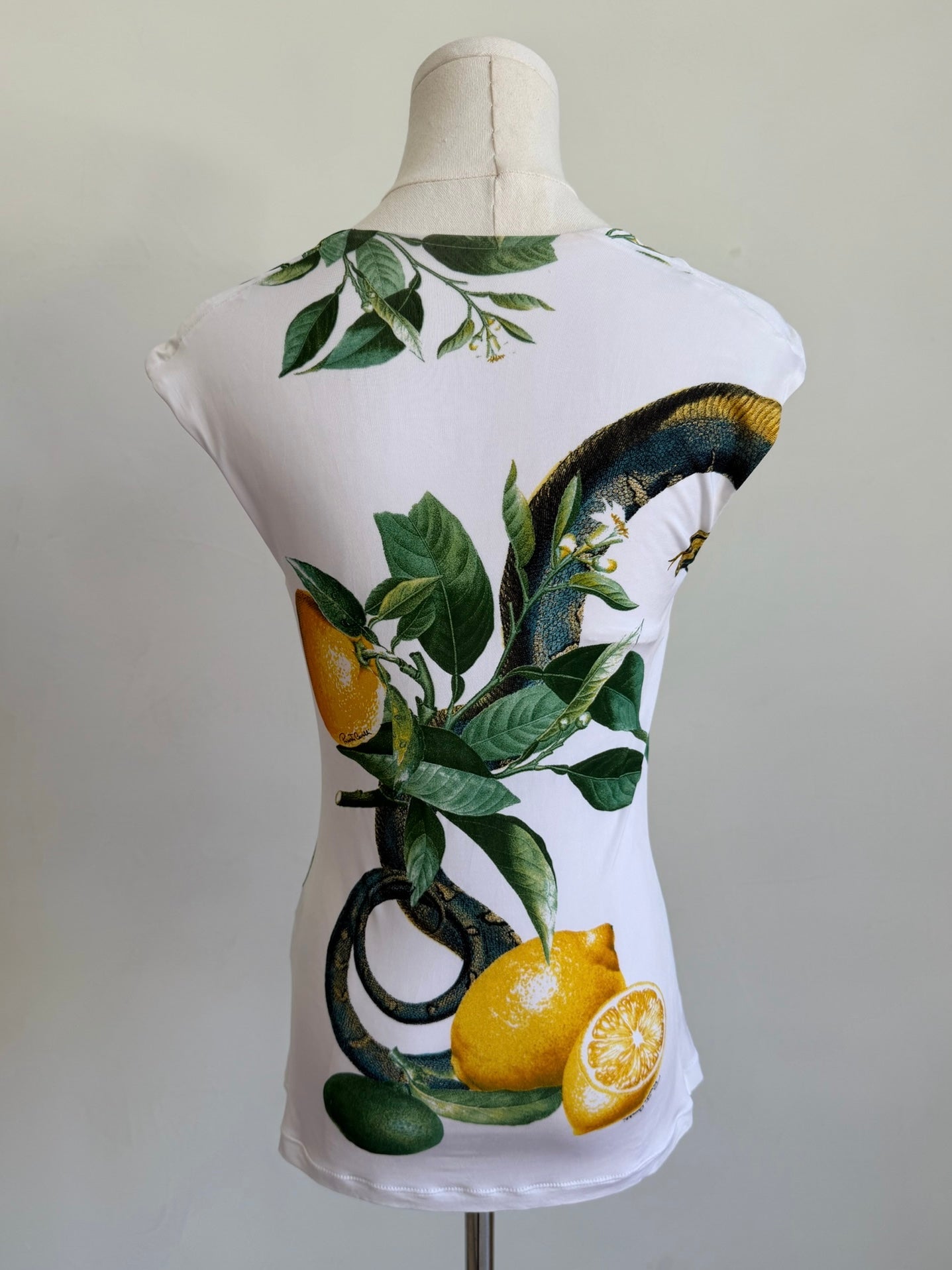 S/S 2005 White “Lemon & Serpent” Ruched Cap Sleeve Top