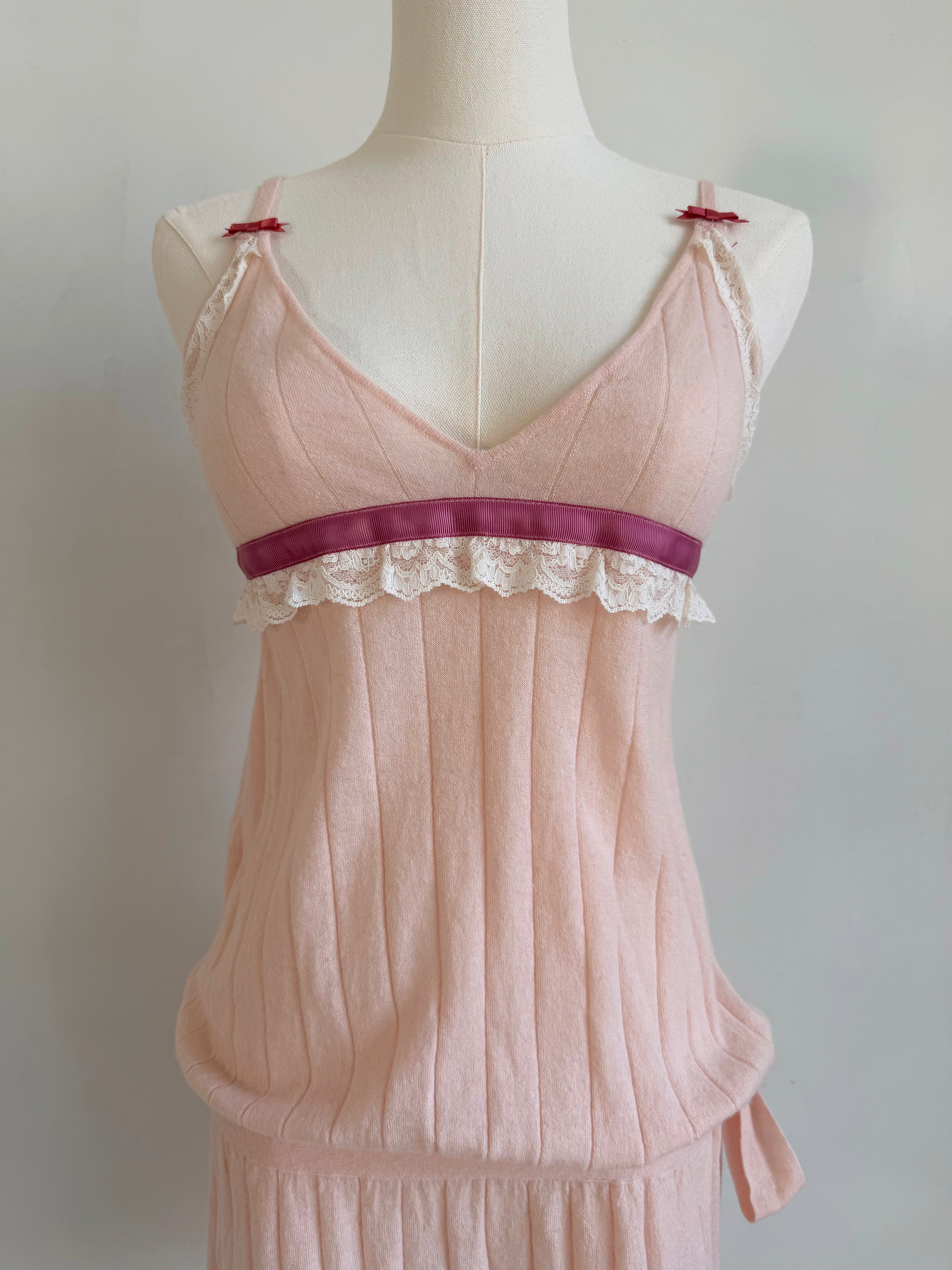 Light Pink Baby Alpaca Knit Mini Dress with Lace Accents