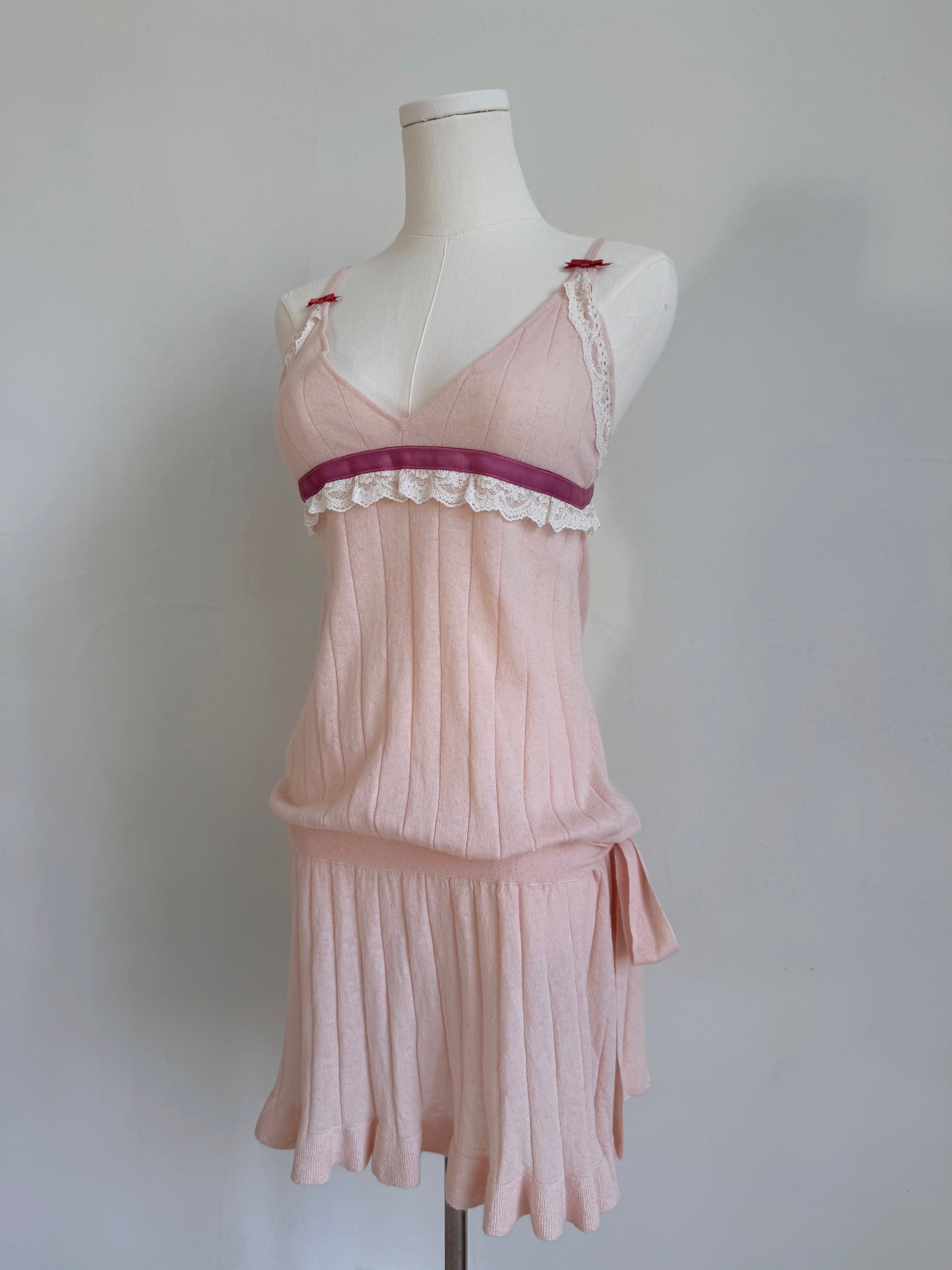 Light Pink Baby Alpaca Knit Mini Dress with Lace Accents