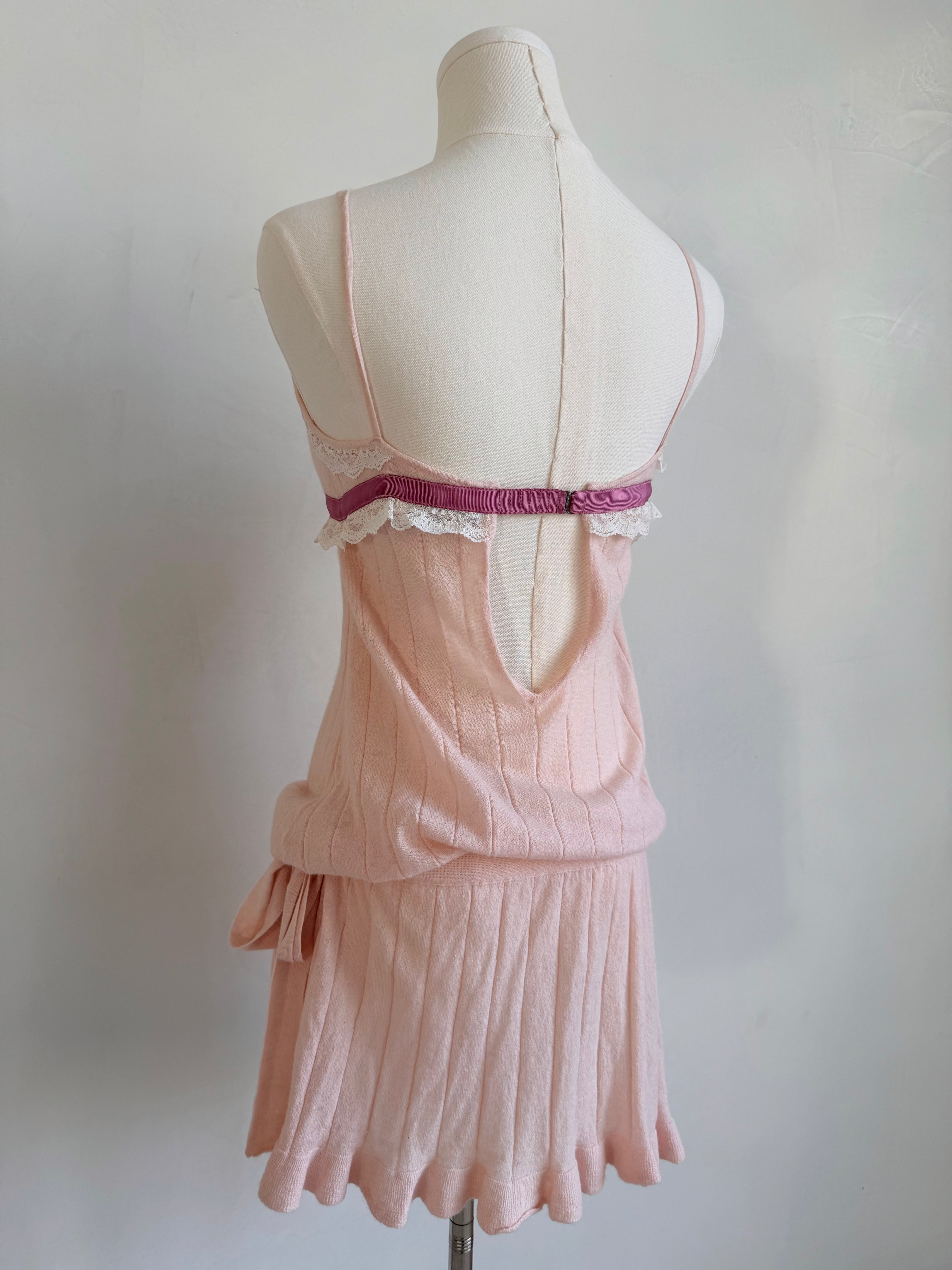 Light Pink Baby Alpaca Knit Mini Dress with Lace Accents