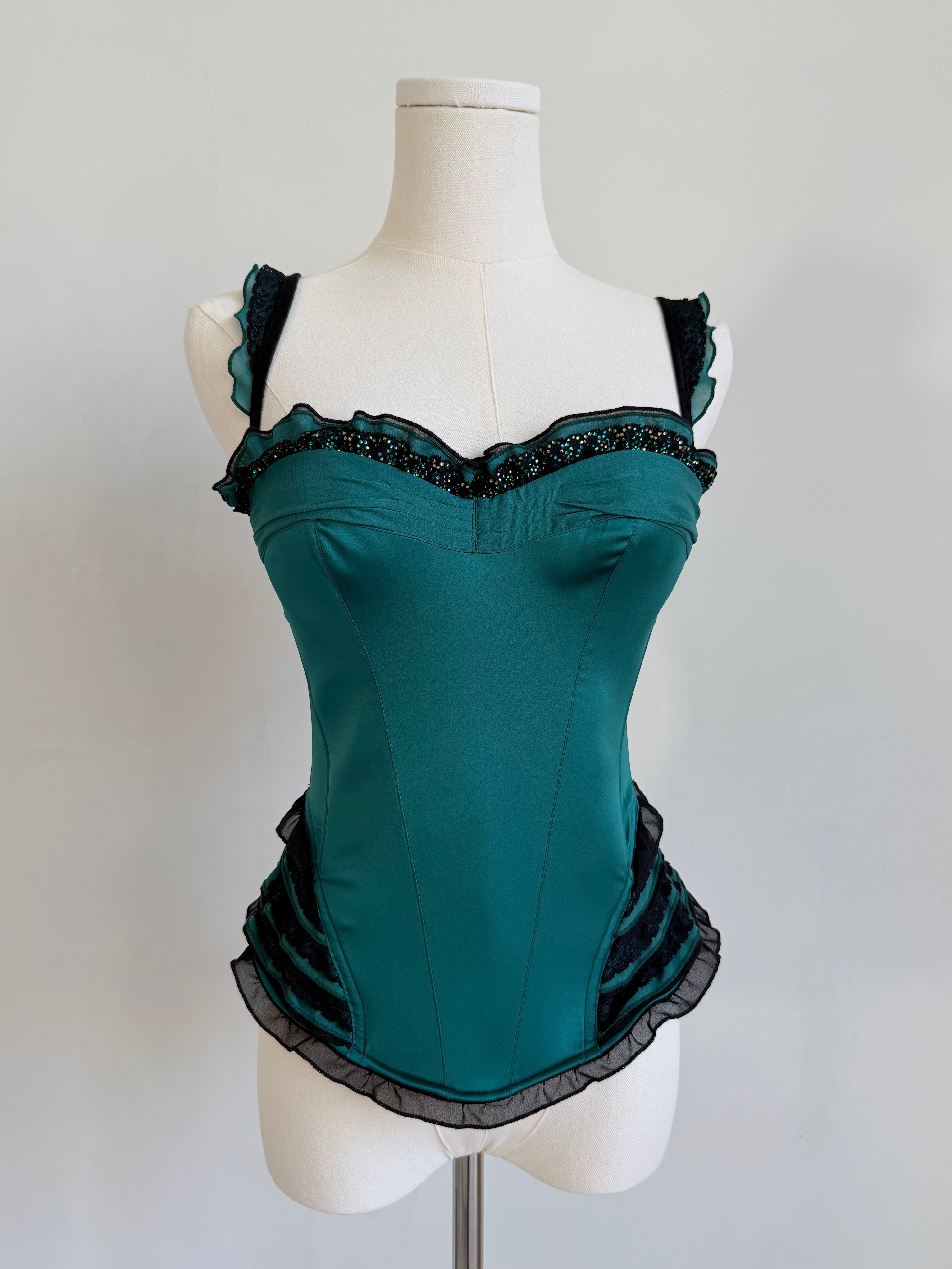 Emerald Green & Black Ruffled Corset Top
