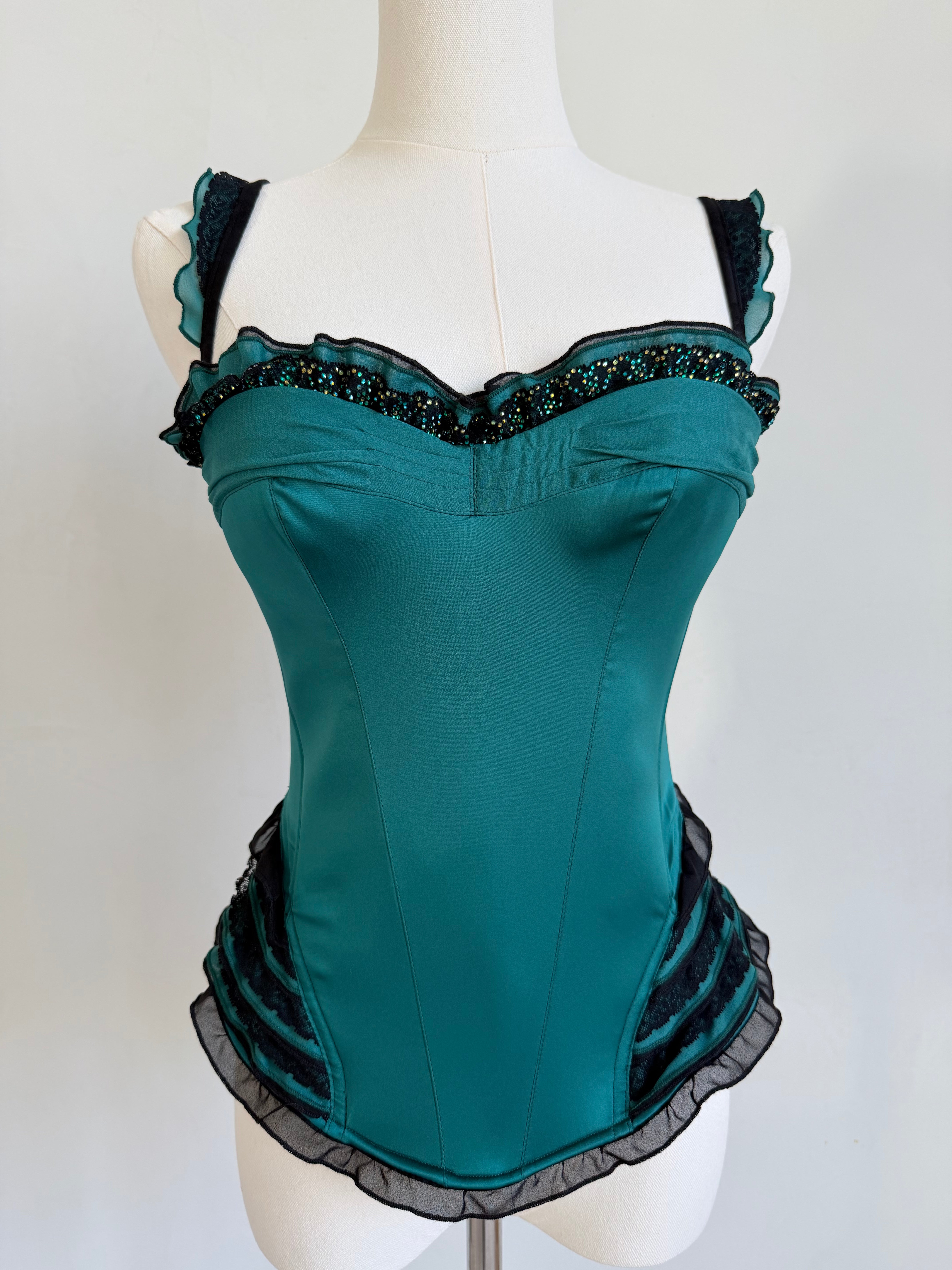 Emerald Green & Black Ruffled Corset Top