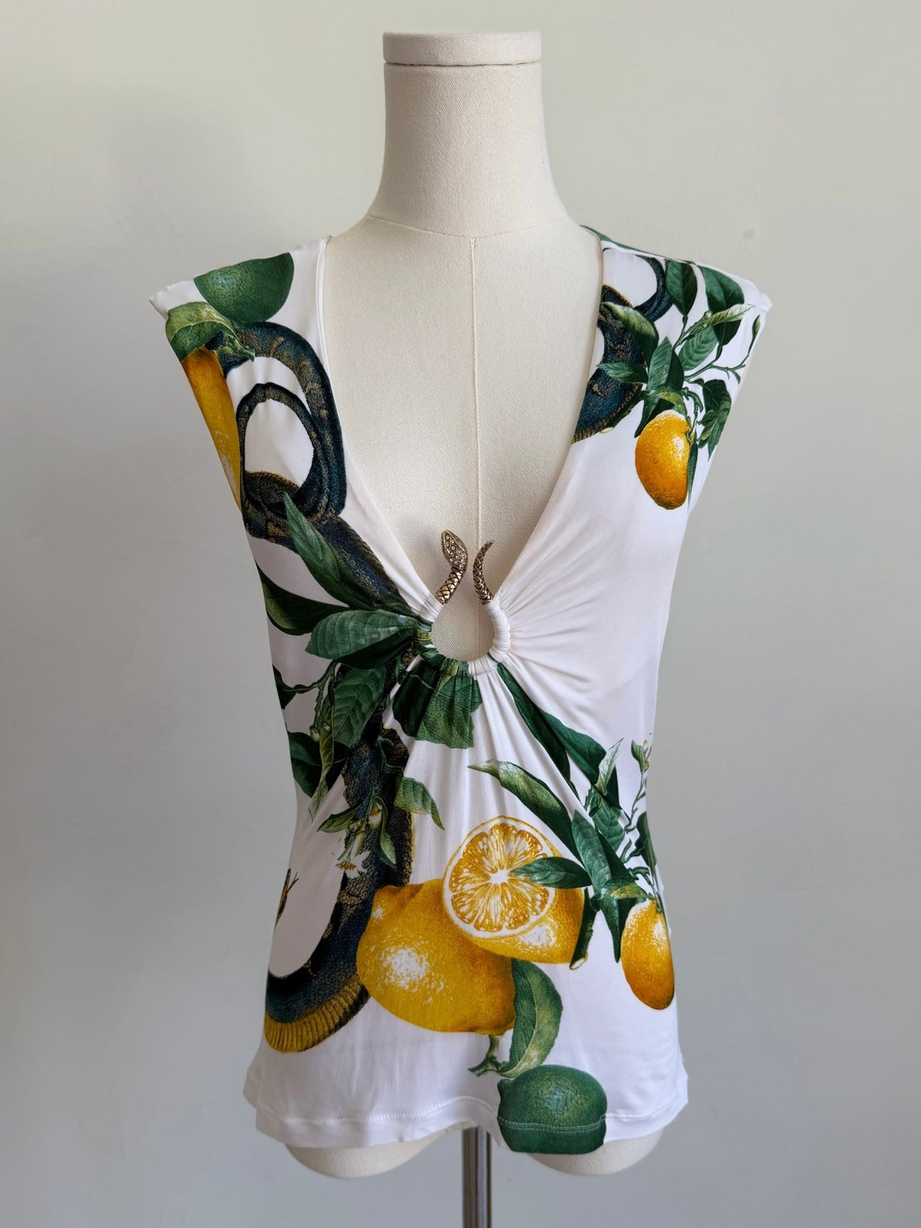 S/S 2005 White “Lemon & Serpent” Ruched Cap Sleeve Top