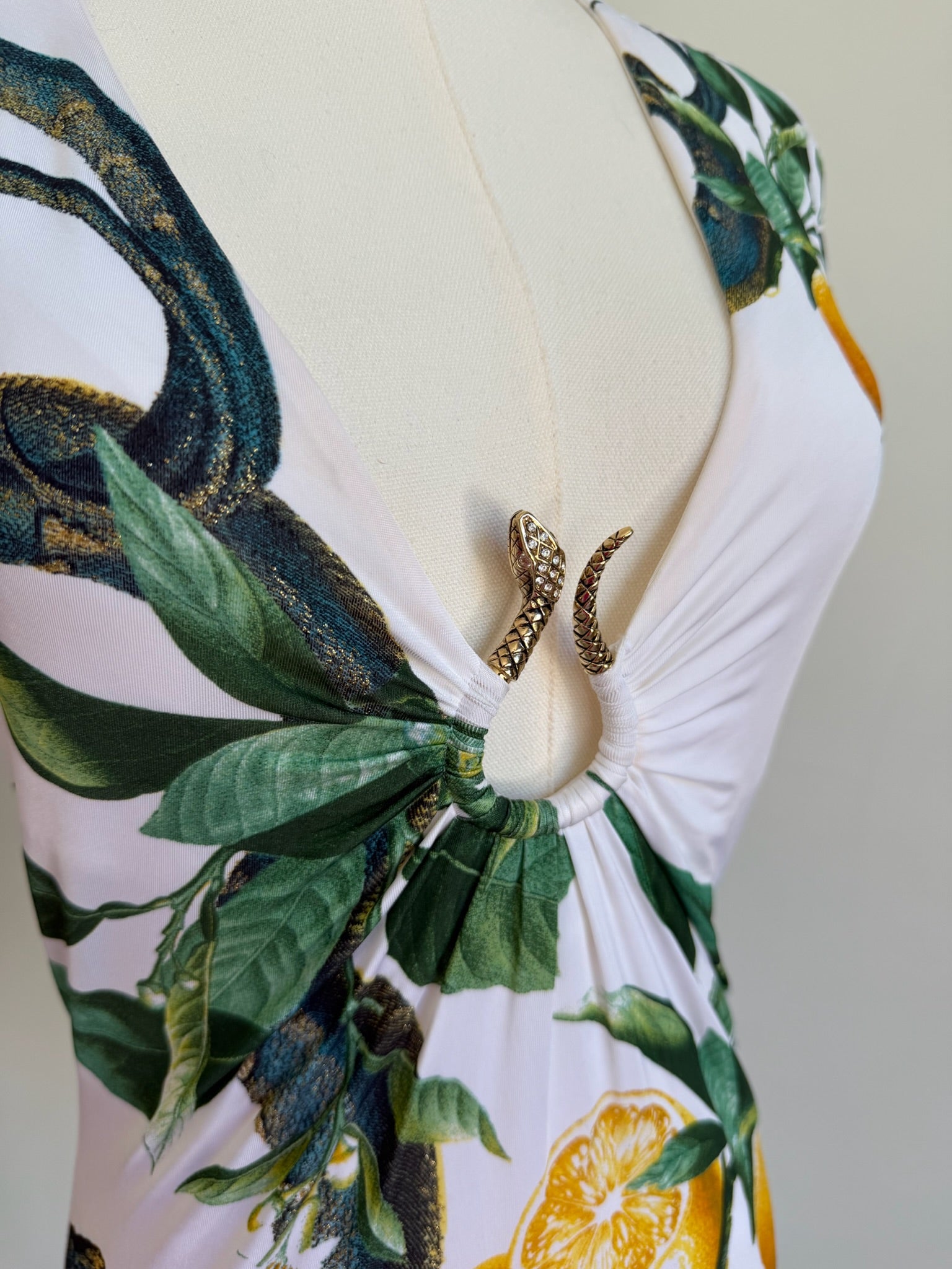 S/S 2005 White “Lemon & Serpent” Ruched Cap Sleeve Top