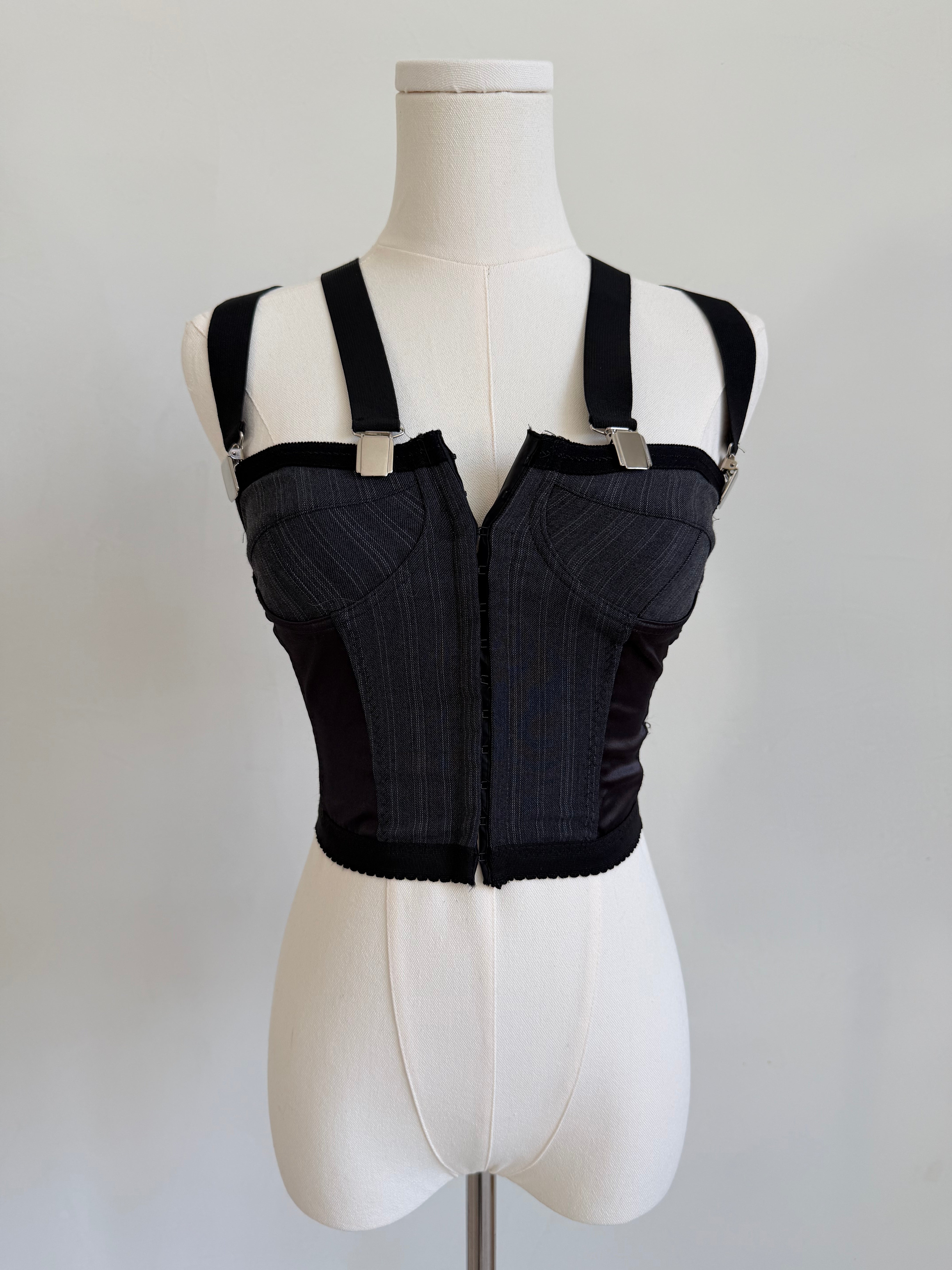 Dark Grey & Black Pinstripe Corset with Suspender Straps