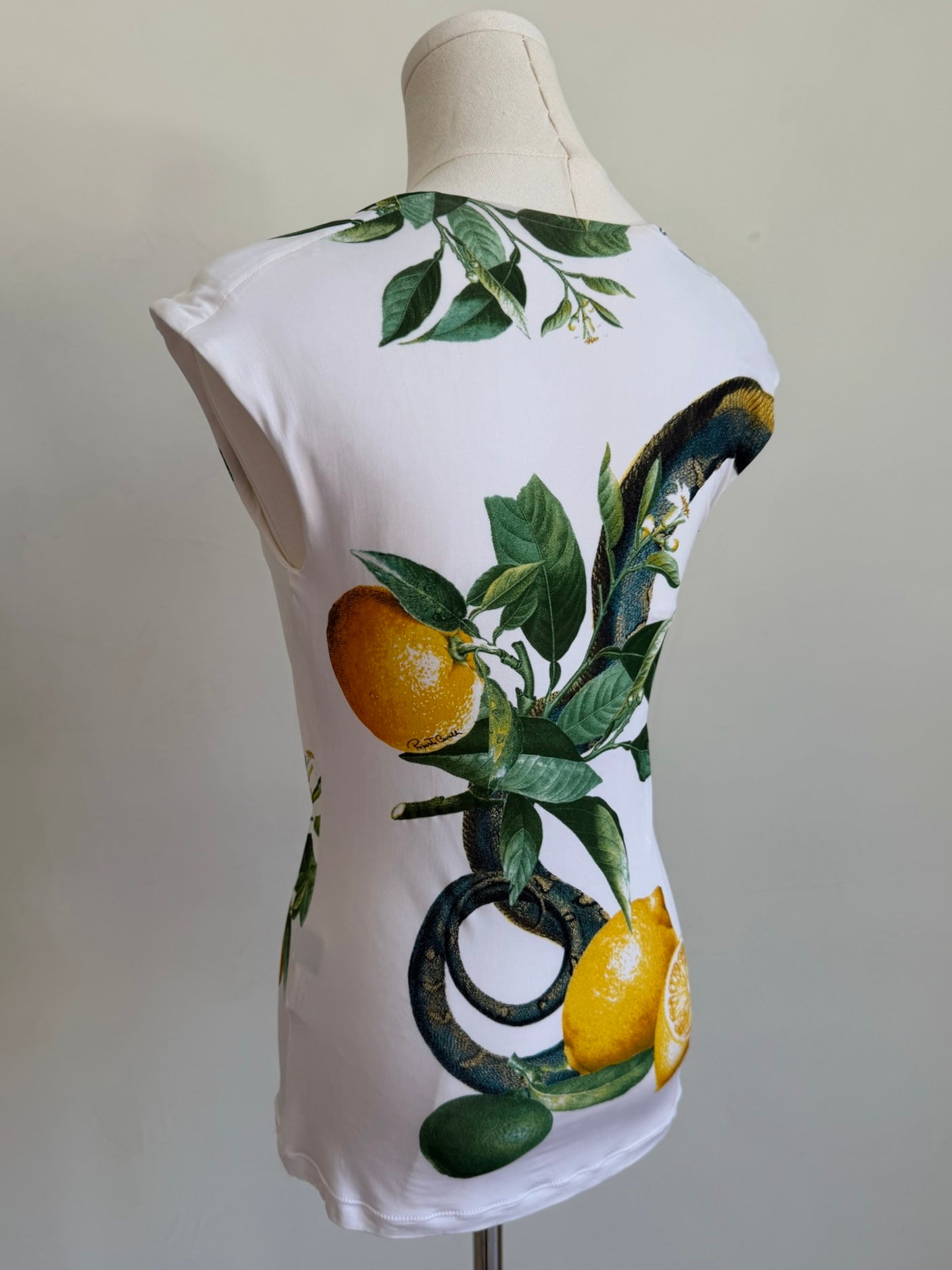 S/S 2005 White “Lemon & Serpent” Ruched Cap Sleeve Top