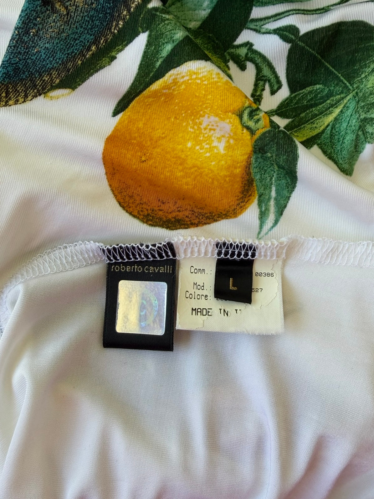 S/S 2005 White “Lemon & Serpent” Ruched Cap Sleeve Top