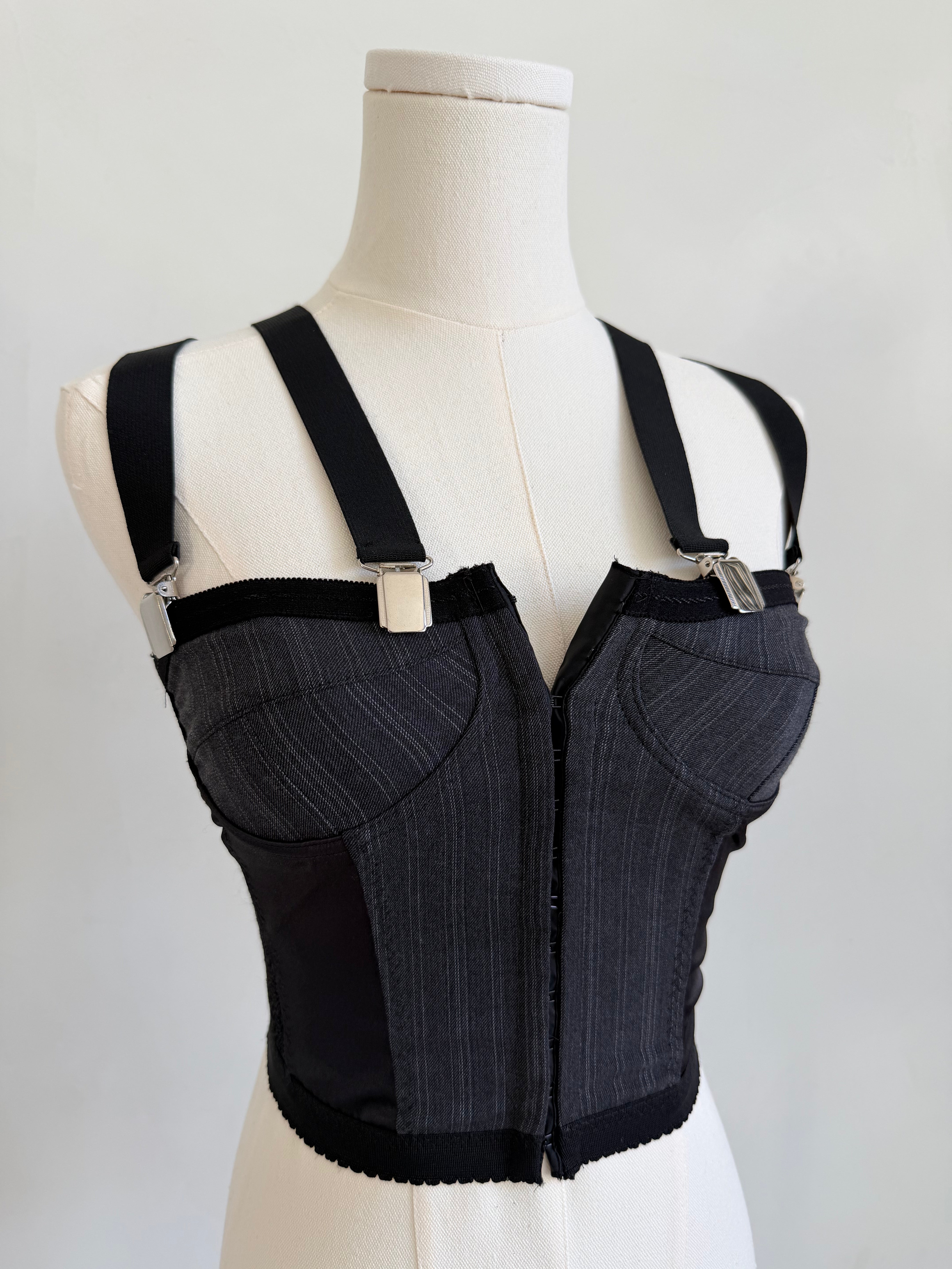 Dark Grey & Black Pinstripe Corset with Suspender Straps