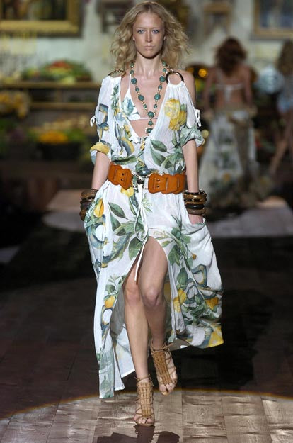 S/S 2005 White Silk “Lemon & Serpent” Ruched Tiered Skirt