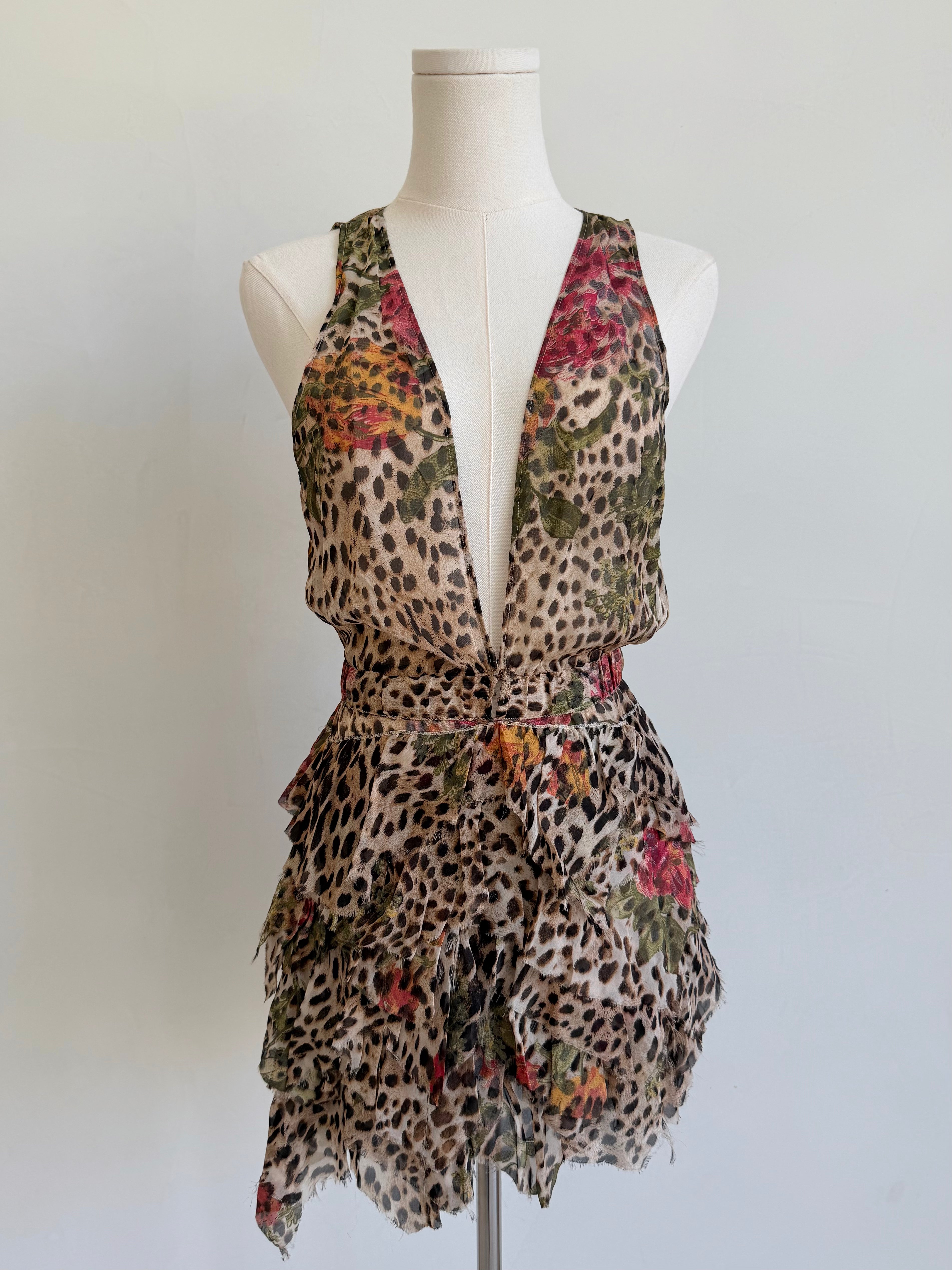 S/S 2002 Leopard & Floral Chiffon Mini Dress