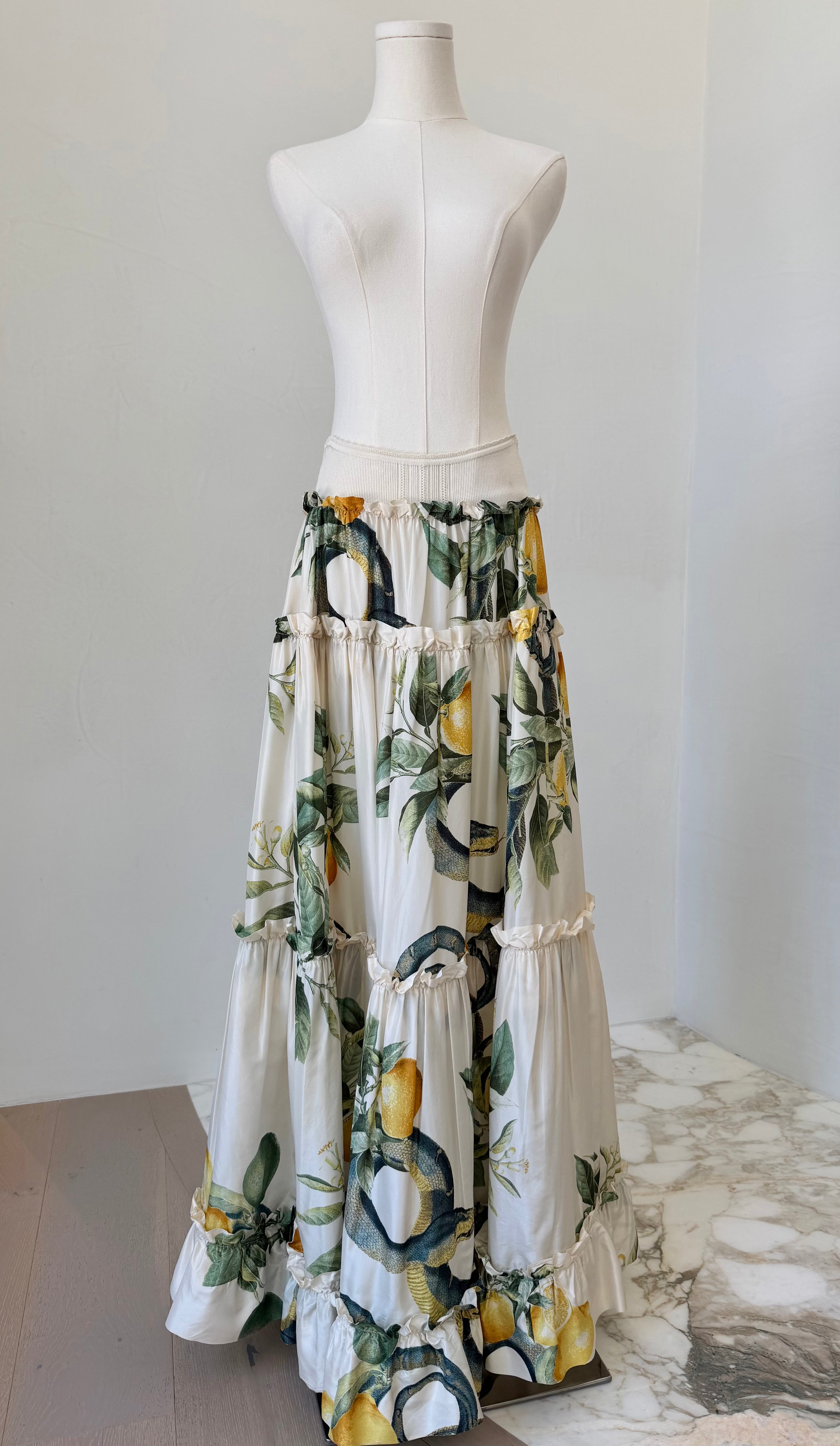 S/S 2005 White Silk “Lemon & Serpent” Ruched Tiered Skirt