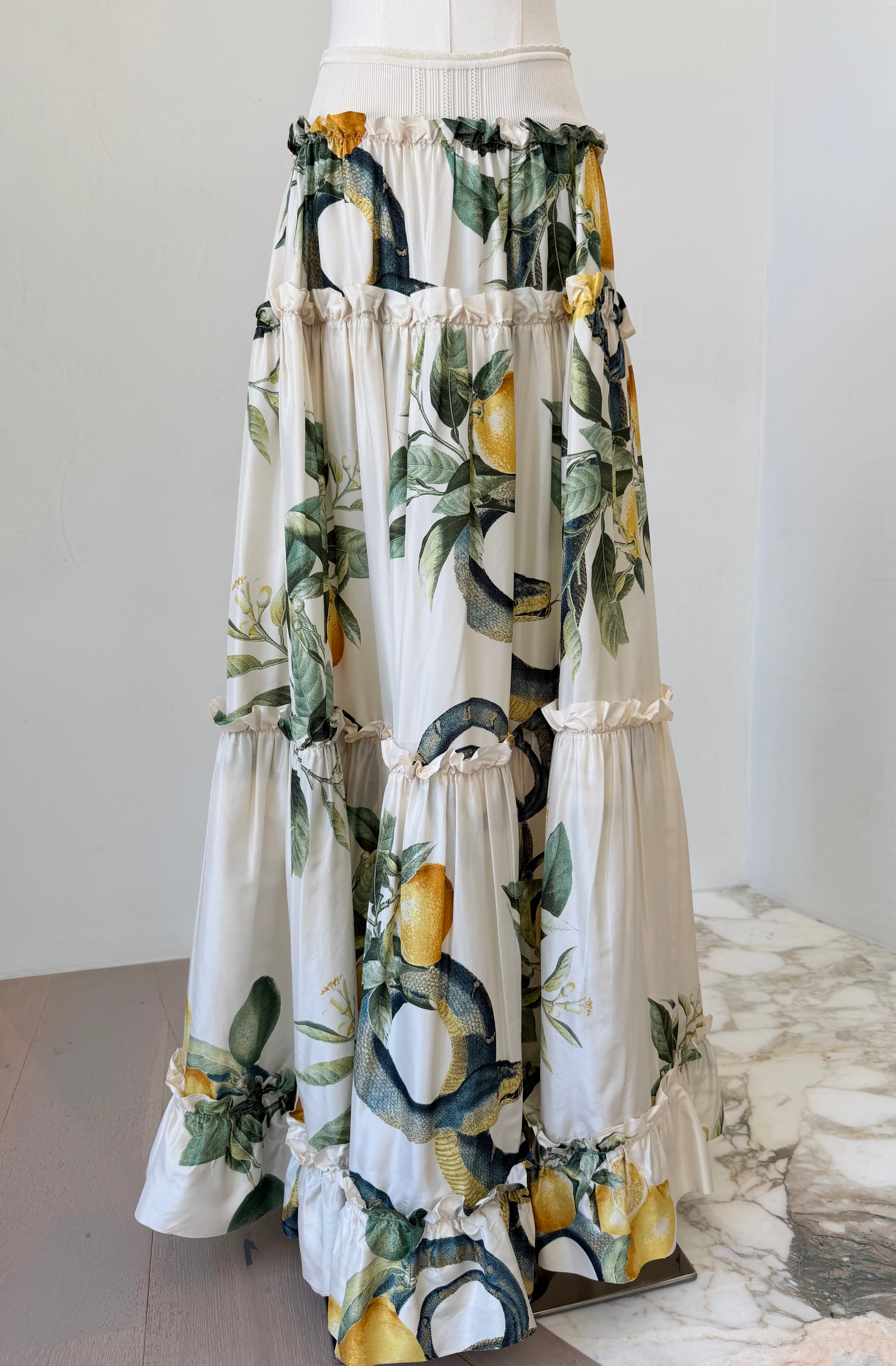 S/S 2005 White Silk “Lemon & Serpent” Ruched Tiered Skirt