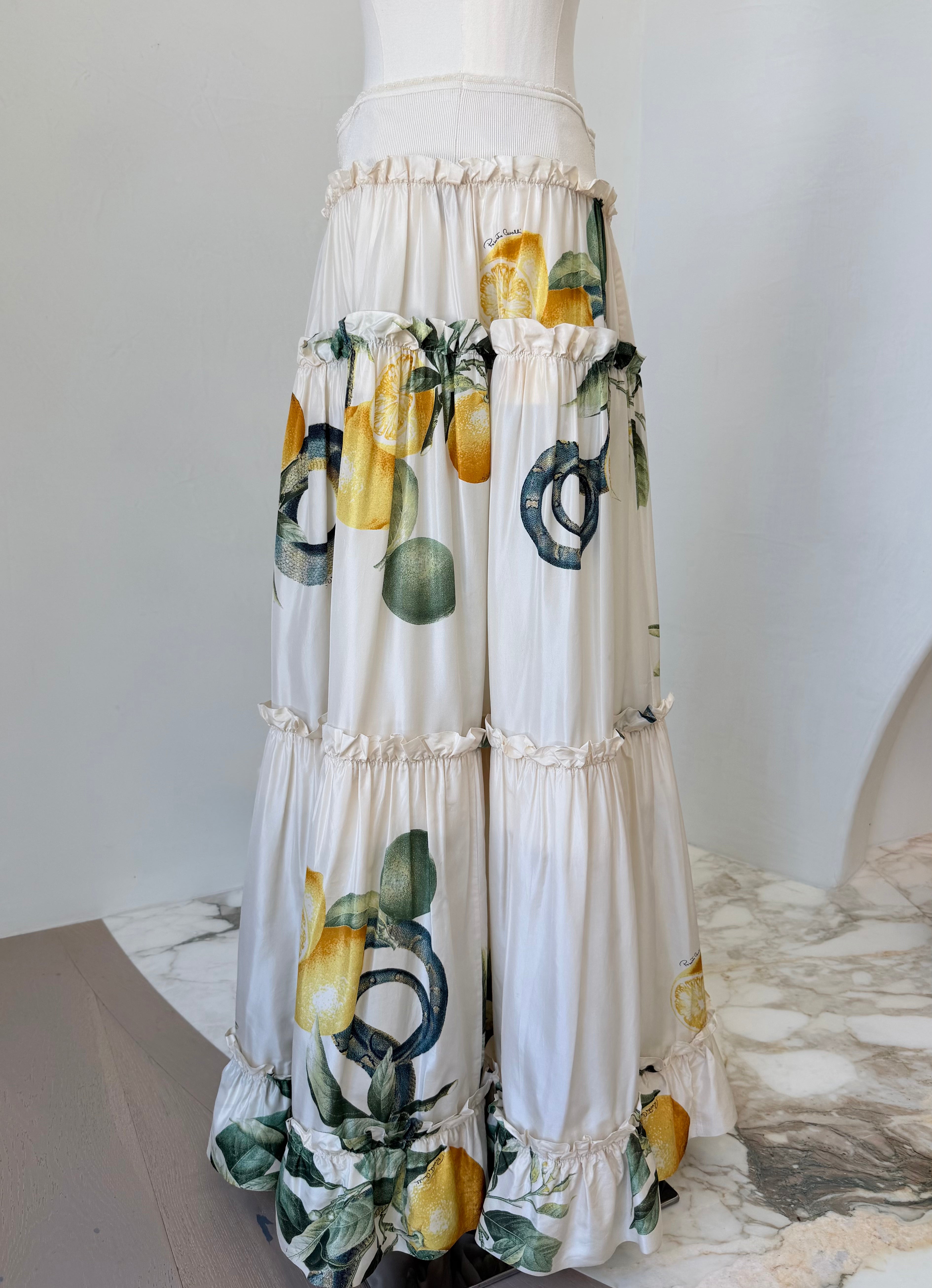 S/S 2005 White Silk “Lemon & Serpent” Ruched Tiered Skirt