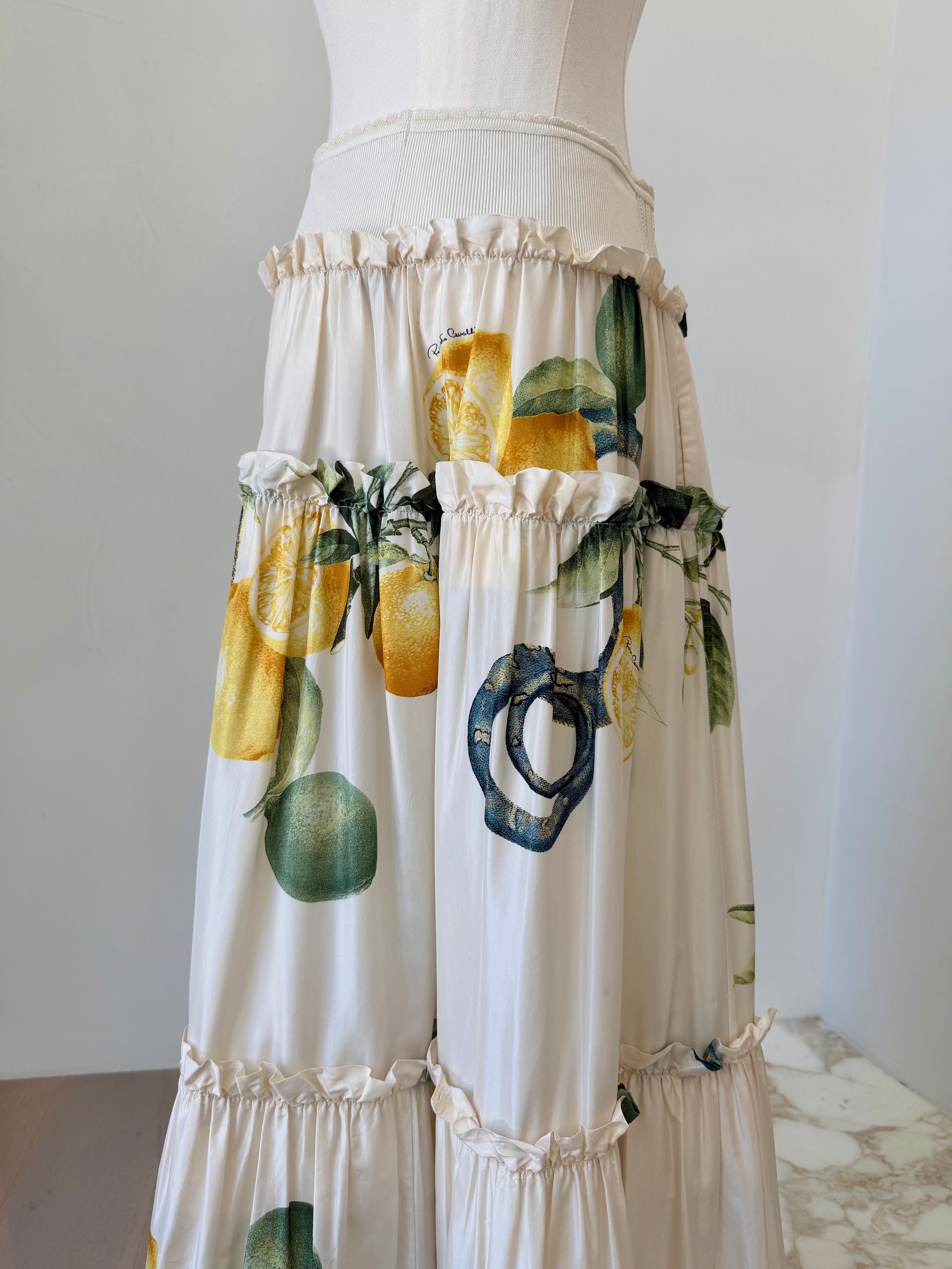S/S 2005 White Silk “Lemon & Serpent” Ruched Tiered Skirt