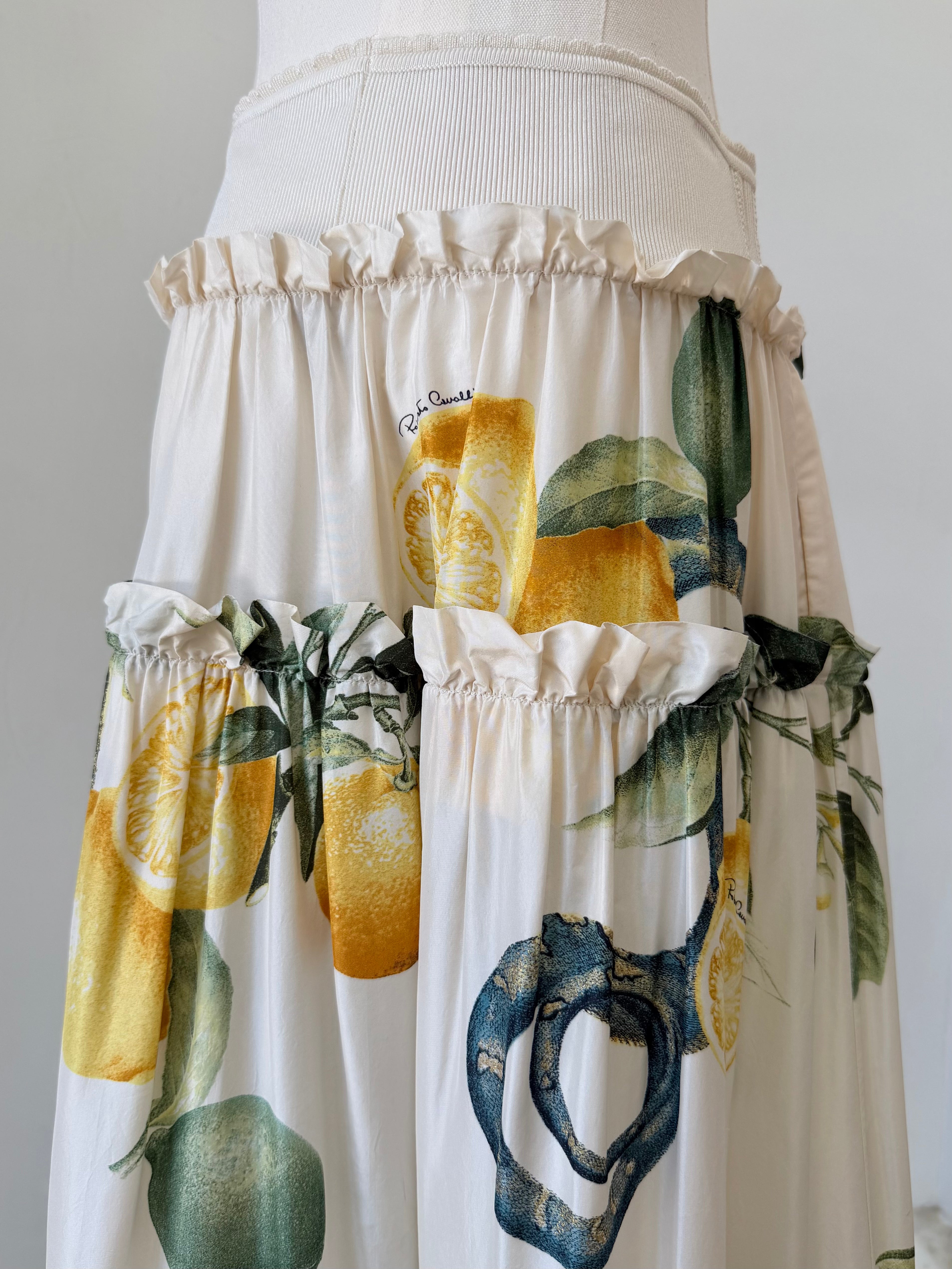 S/S 2005 White Silk “Lemon & Serpent” Ruched Tiered Skirt