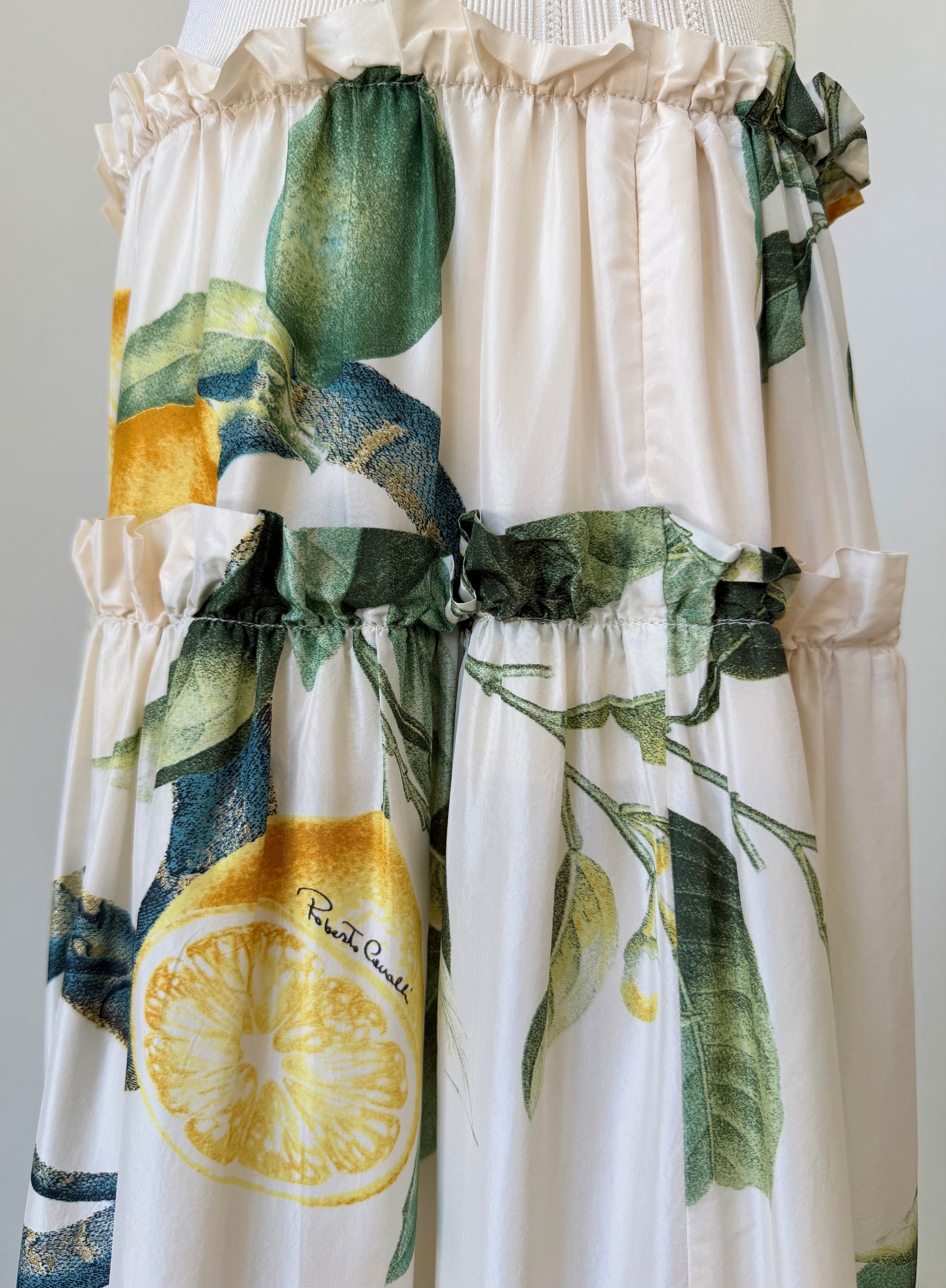S/S 2005 White Silk “Lemon & Serpent” Ruched Tiered Skirt